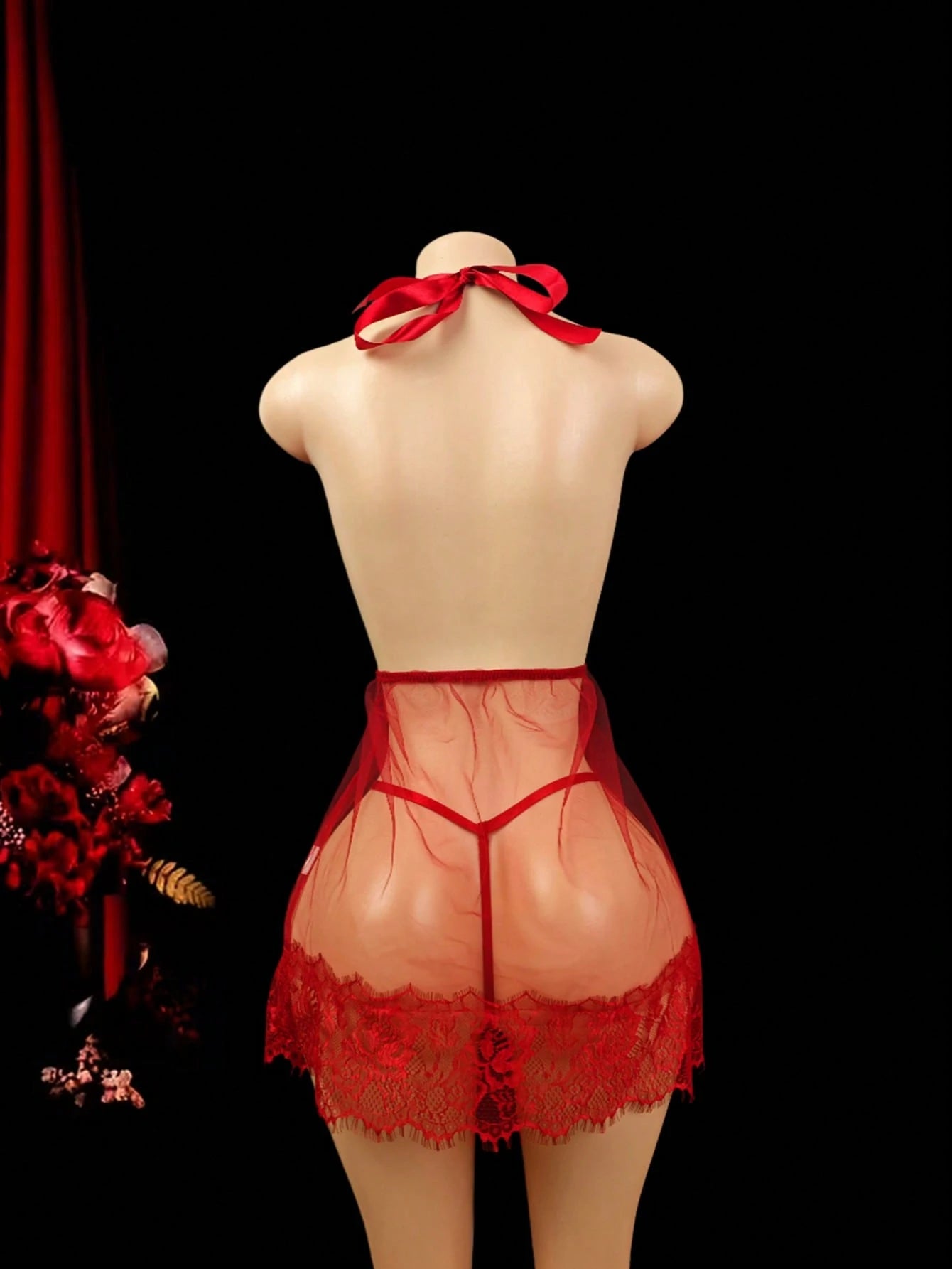 Floral Lace Halter Babydoll Lingerie Dress With Thong