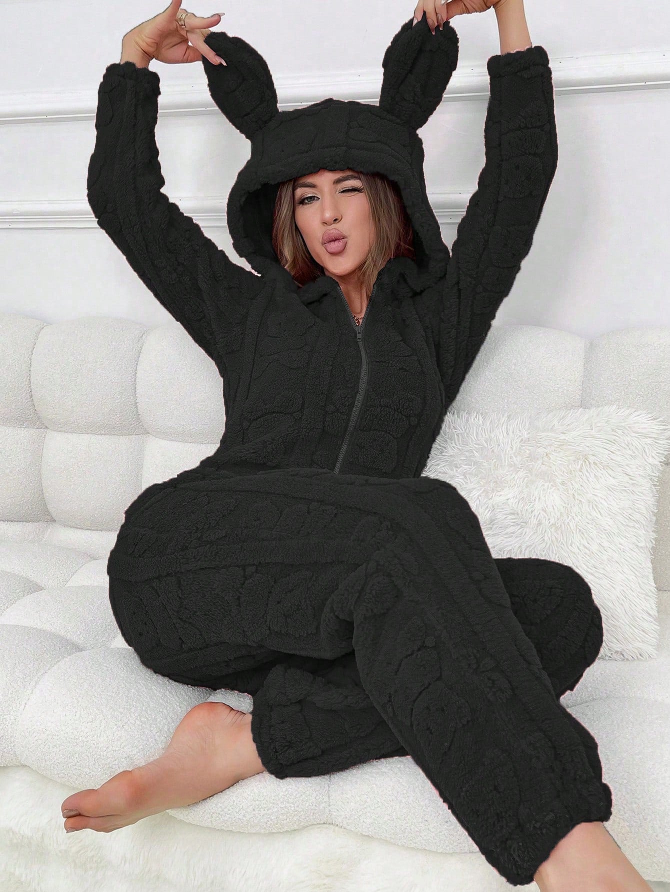 Women's Animal Ear Design Plush Fluffy Jumpsuit