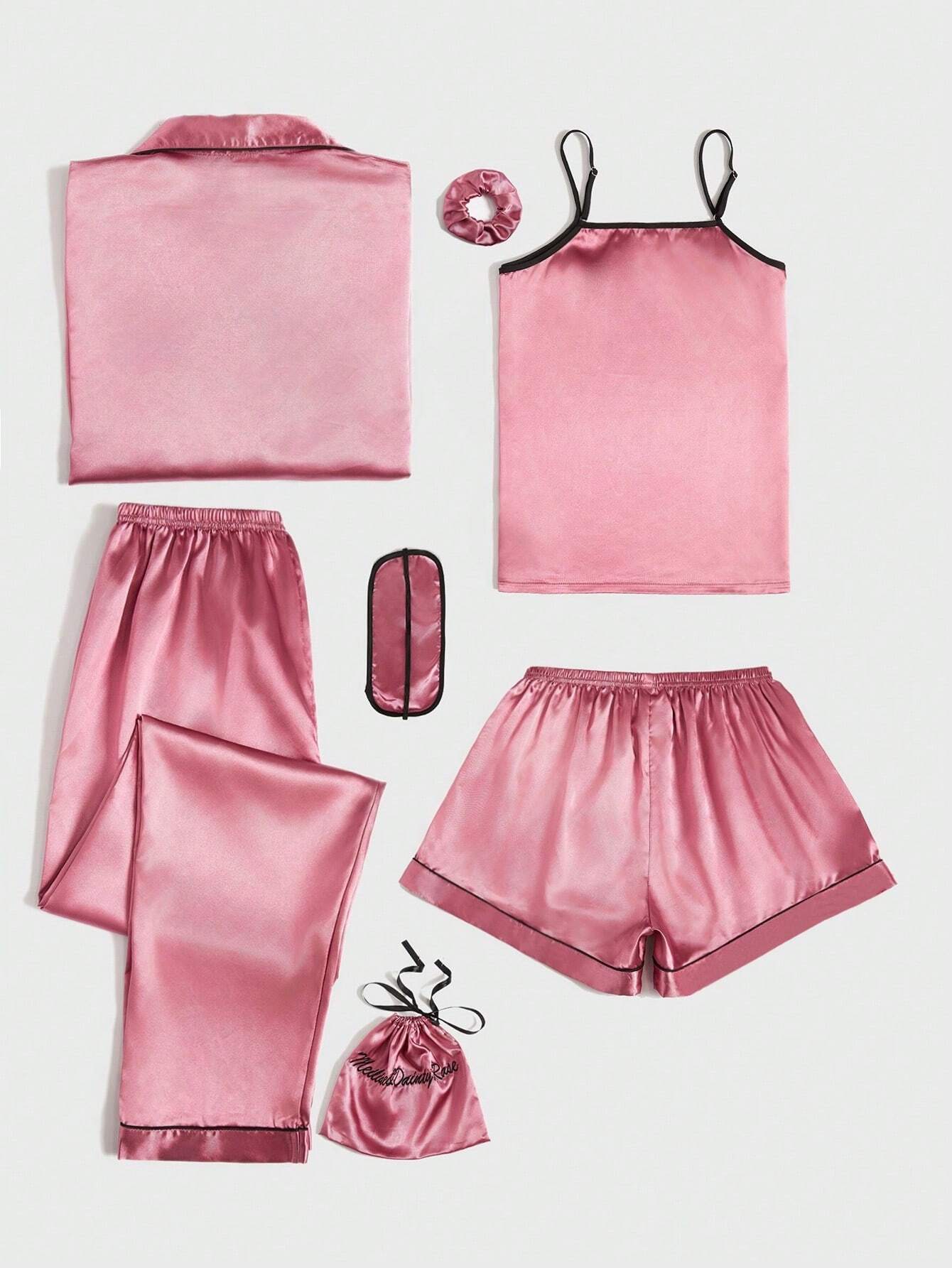 7pcs Contrast Binding Satin PJ Set / Pajama Set