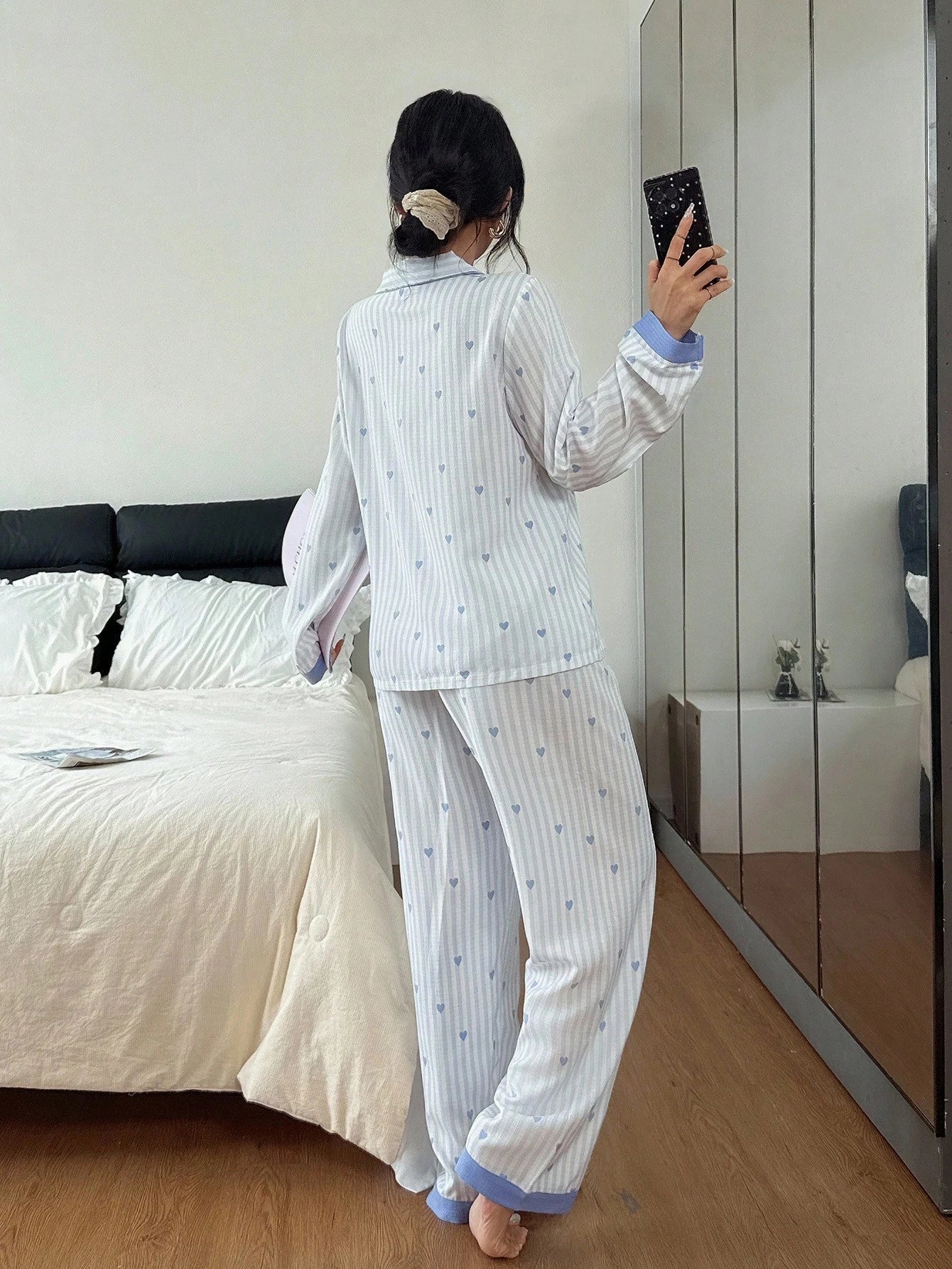 Striped Heart Print Lapel Collar Pink Button Up Top & Pants Pajama Set