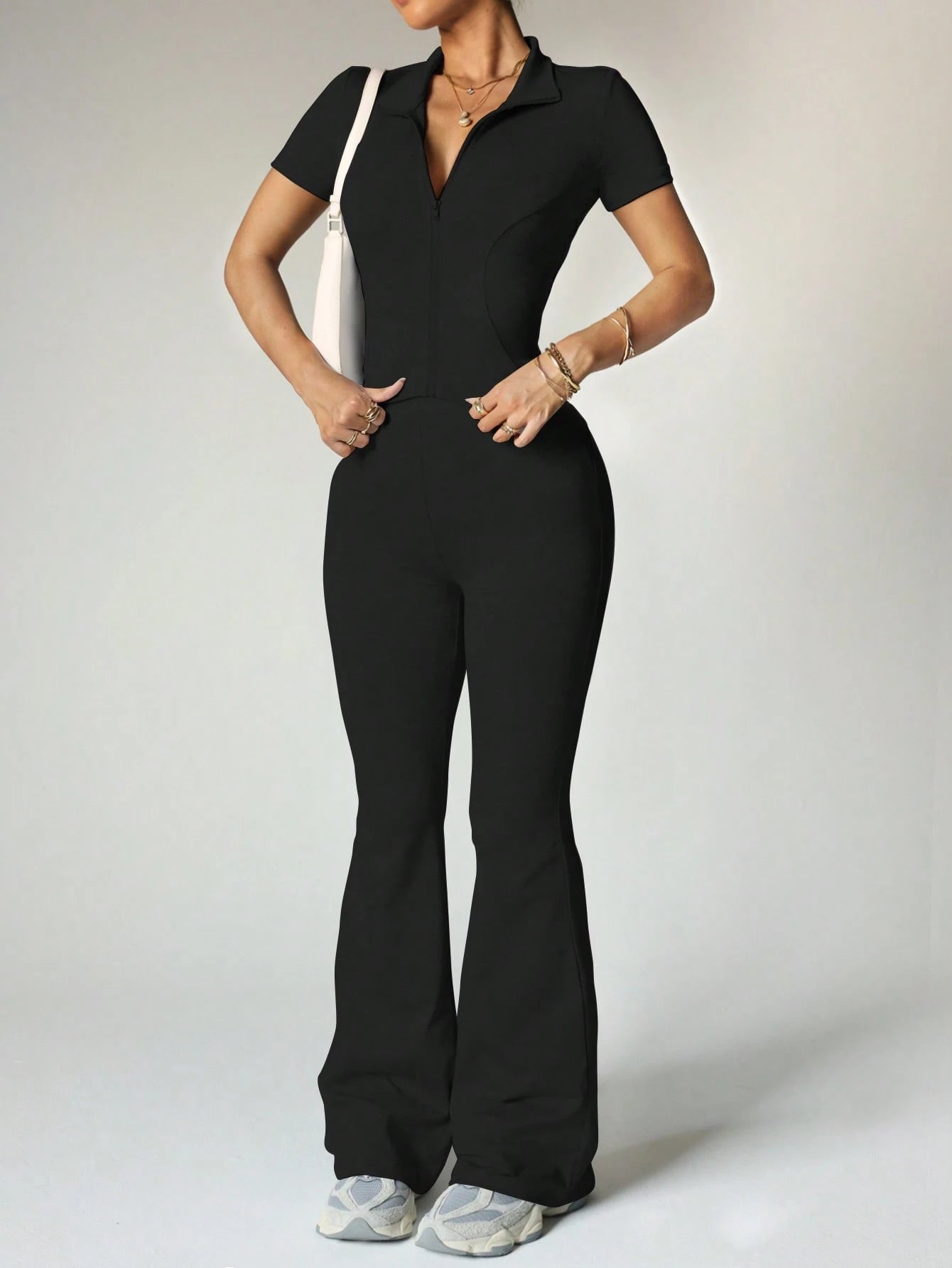 Women's Yoga Workout Set: Short Sleeve Zip-Up Jacket & High-Waisted Flared Pants