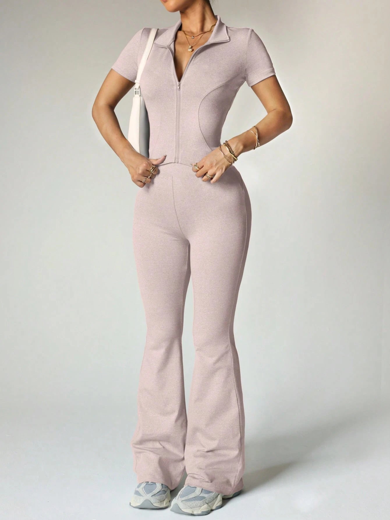 Women's Yoga Workout Set: Short Sleeve Zip-Up Jacket & High-Waisted Flared Pants