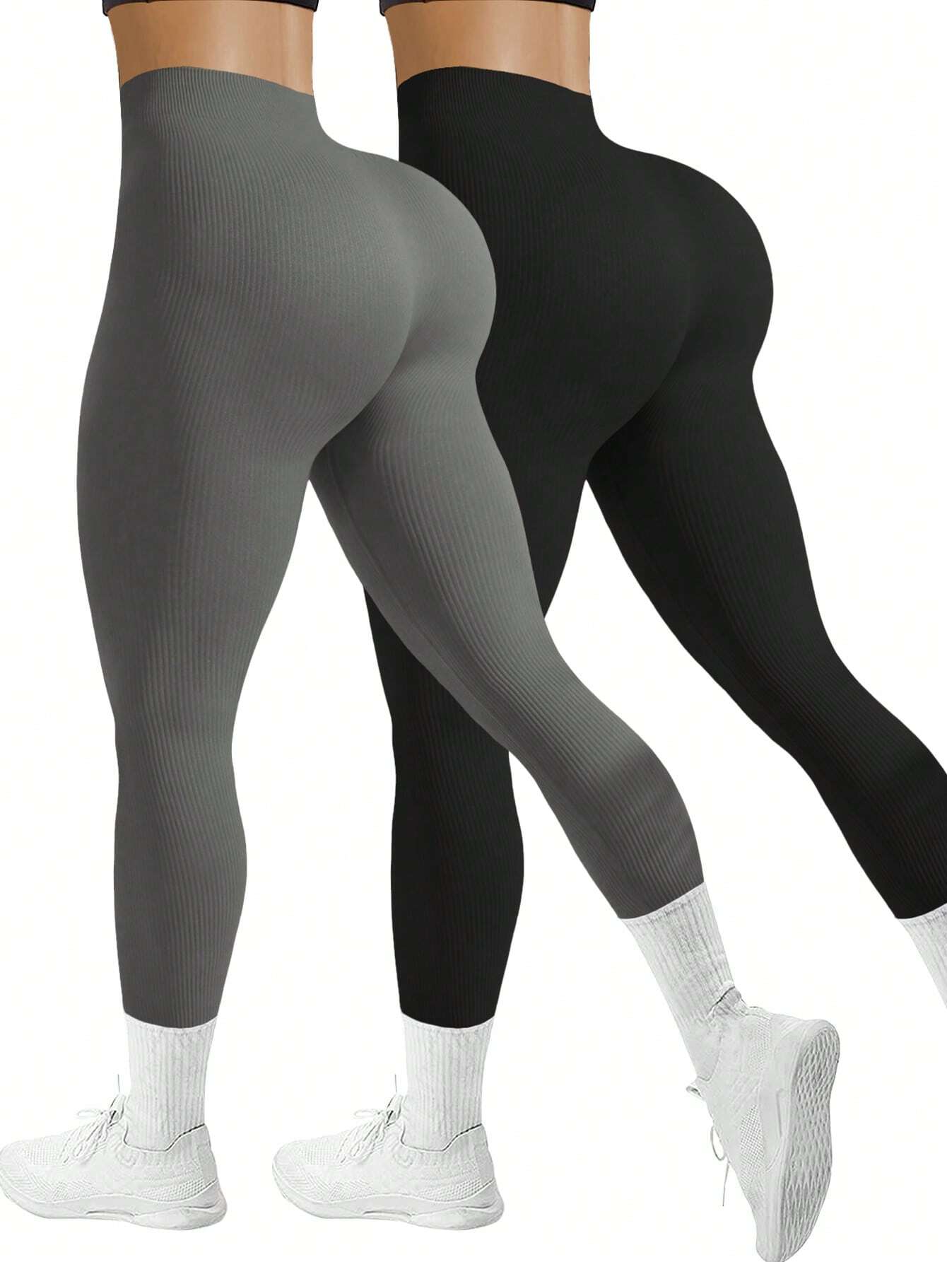 Yoga Basic 2pcs Solid Ribbed Knit Sports Leggings Workout Leggings Spandex