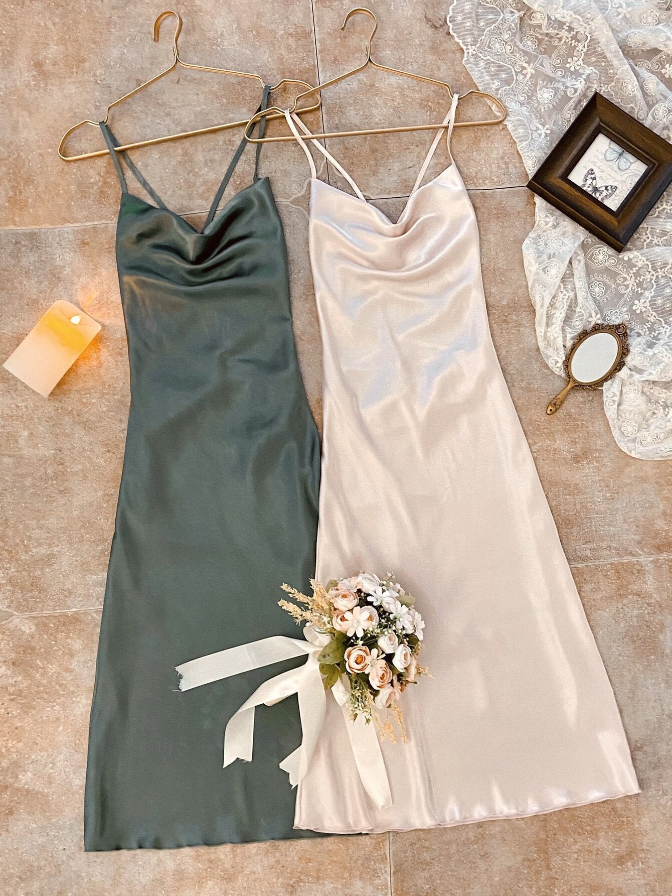 2pcs Lace Up Backless Satin Sleep Dress Pajama Dress