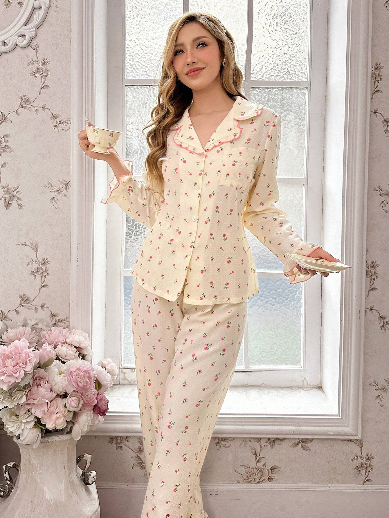 CottageSlumber Ditsy Floral Bubble Ruffle Collar Button-Front Long Sleeve Pajama Set