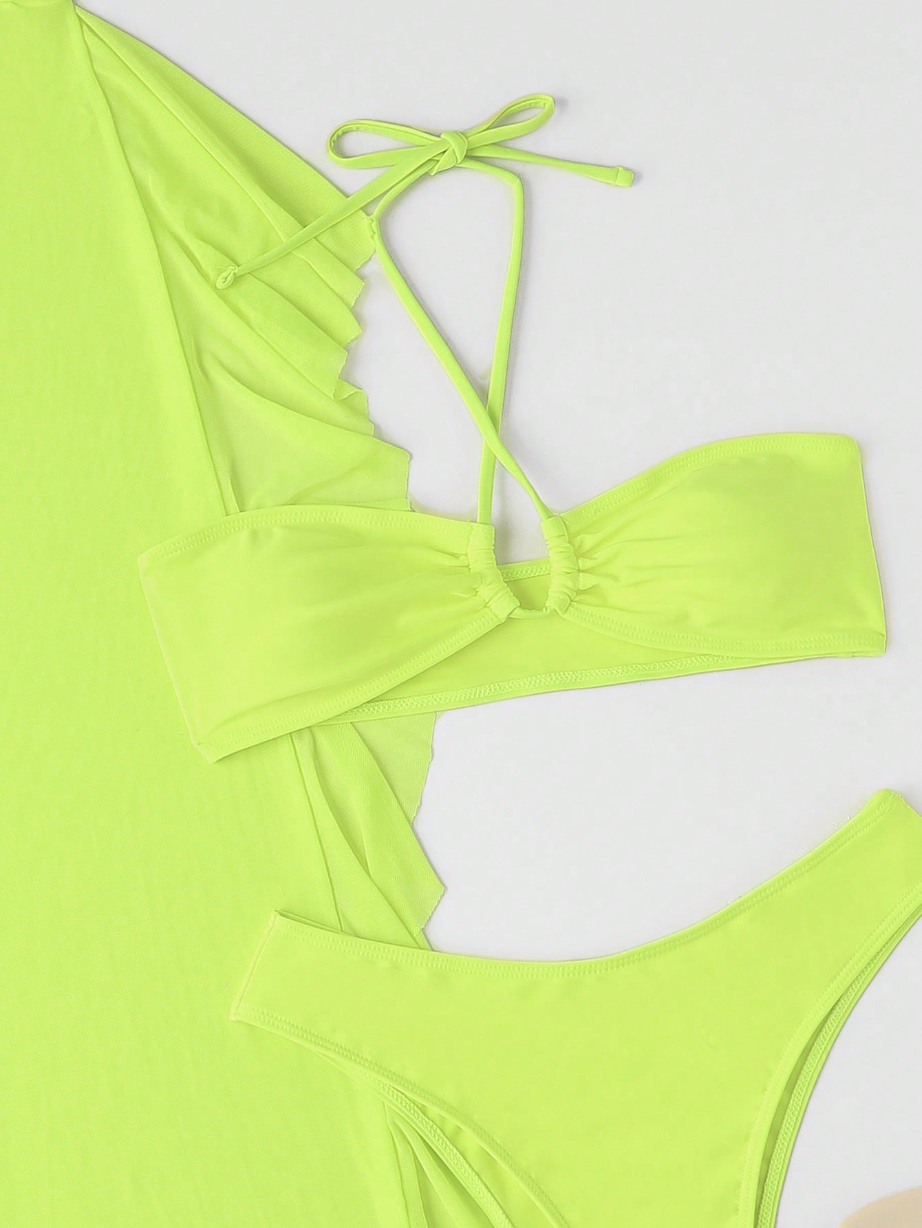 SHEIN Swim SXY Mono Bikini Set Crisscross Halter Wireless Bra Top &amp; High Cut Bikini Bottom &amp; Mesh Cover Up Pants 3 Piece Swimsuit