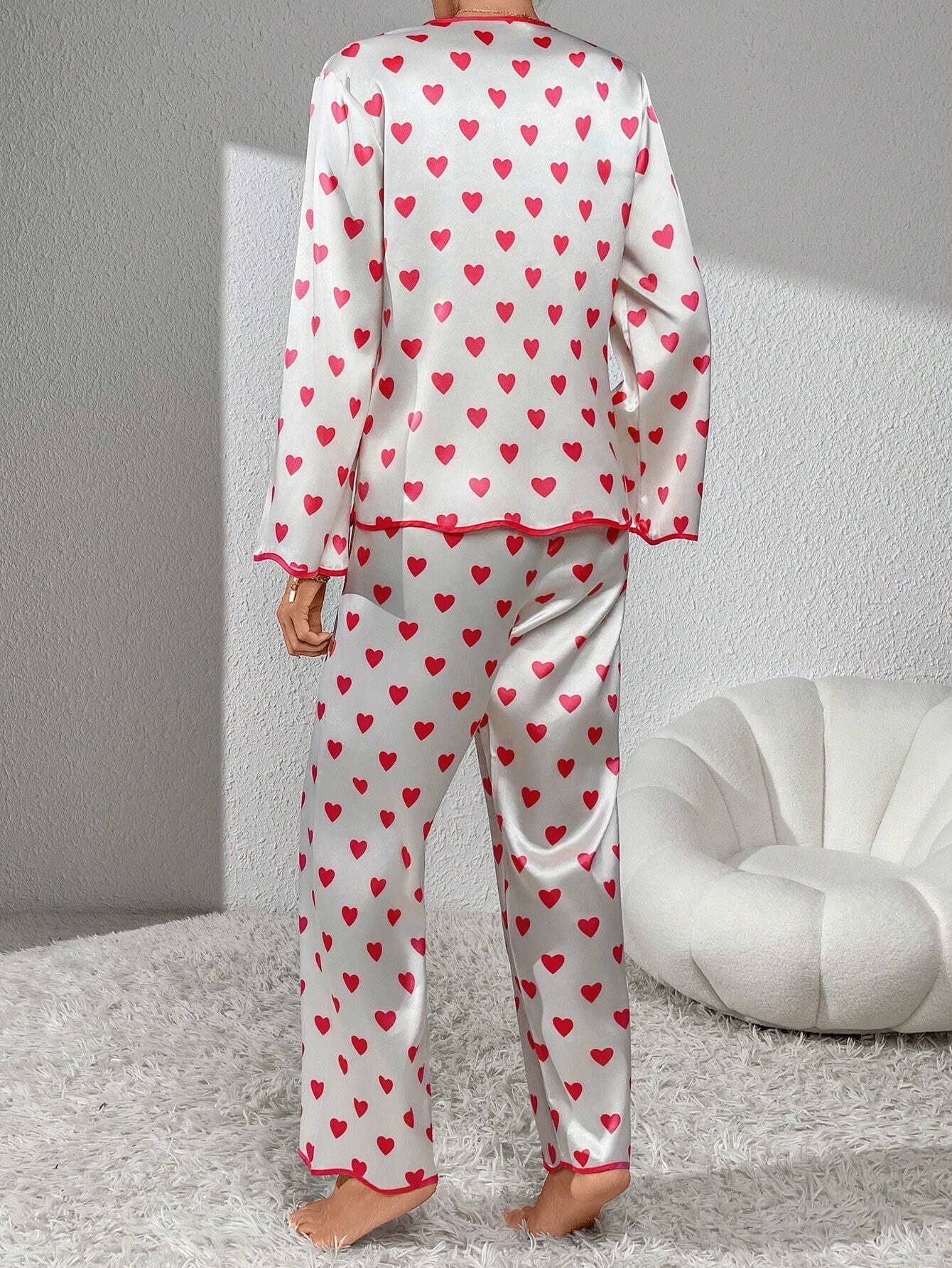 Heart Print Contrast Piping Satin PJ Set / Pajama Set