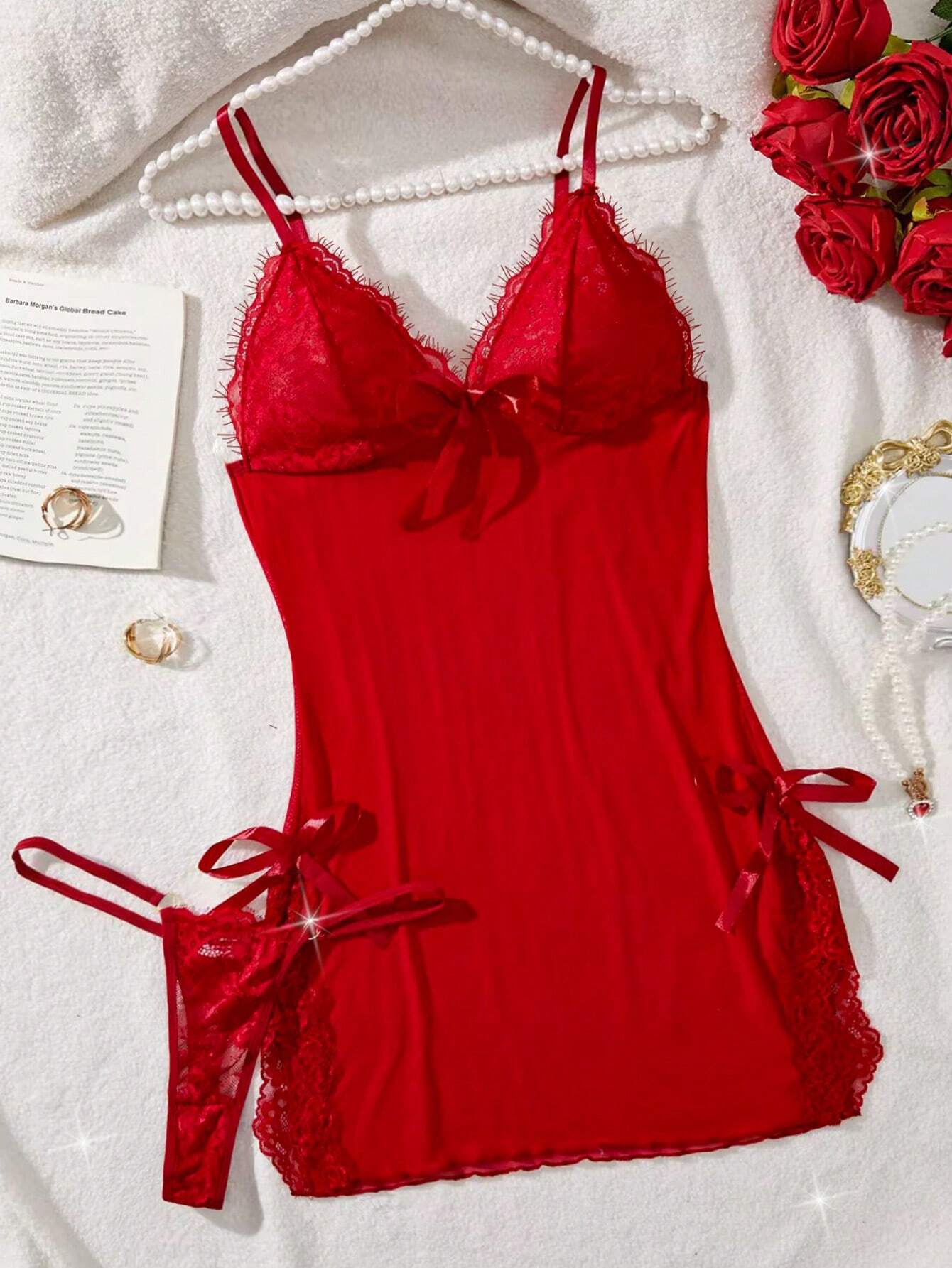 2pcs/Set Women's Sexy Lace Contrast Mesh Wireless Lingerie Nightdress &amp; Thong Burgundy