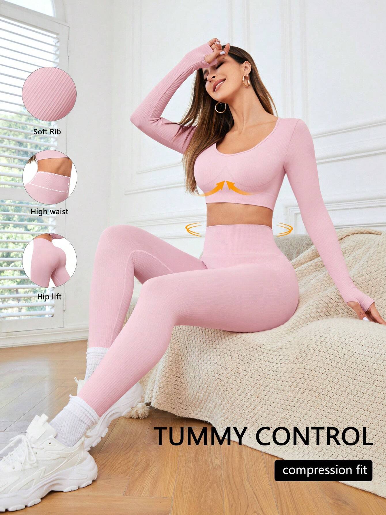 Sport Seamluxe Two Piece Outfits Seamless High Stretch Thumb Holes Sports Tee &amp; Leggings