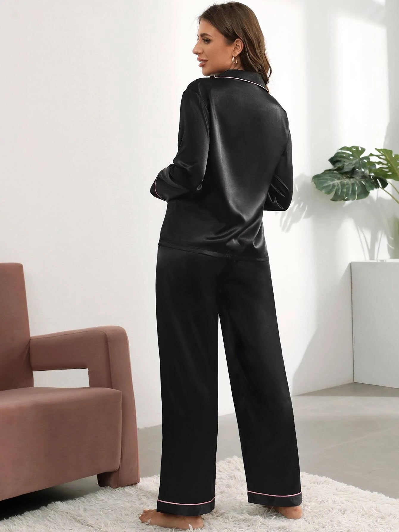 CoupledUp Contrast Piping Tie Front Satin PJ Set / Pajama Set