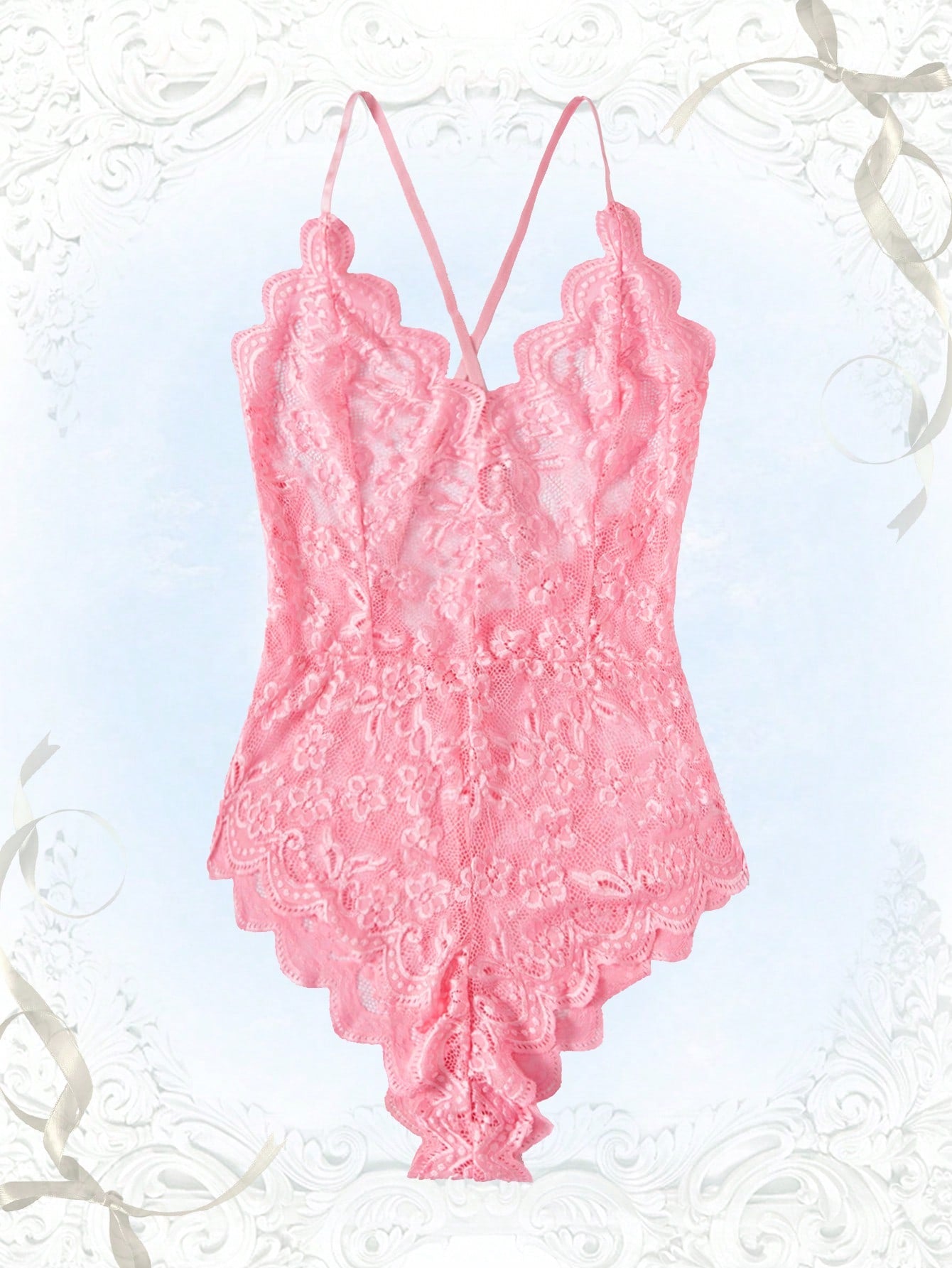 Scallop Floral Lace Teddy Bodysuit Pink