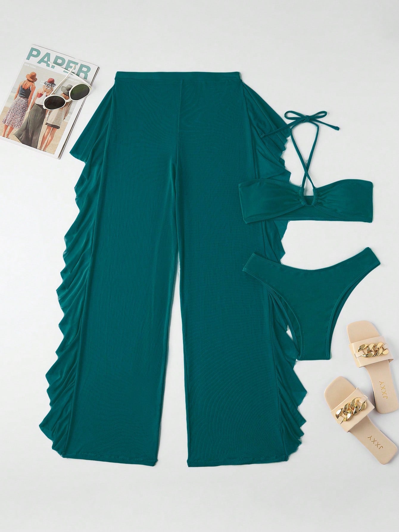 SHEIN Swim SXY Mono Bikini Set Crisscross Halter Wireless Bra Top &amp; High Cut Bikini Bottom &amp; Mesh Cover Up Pants 3 Piece Swimsuit