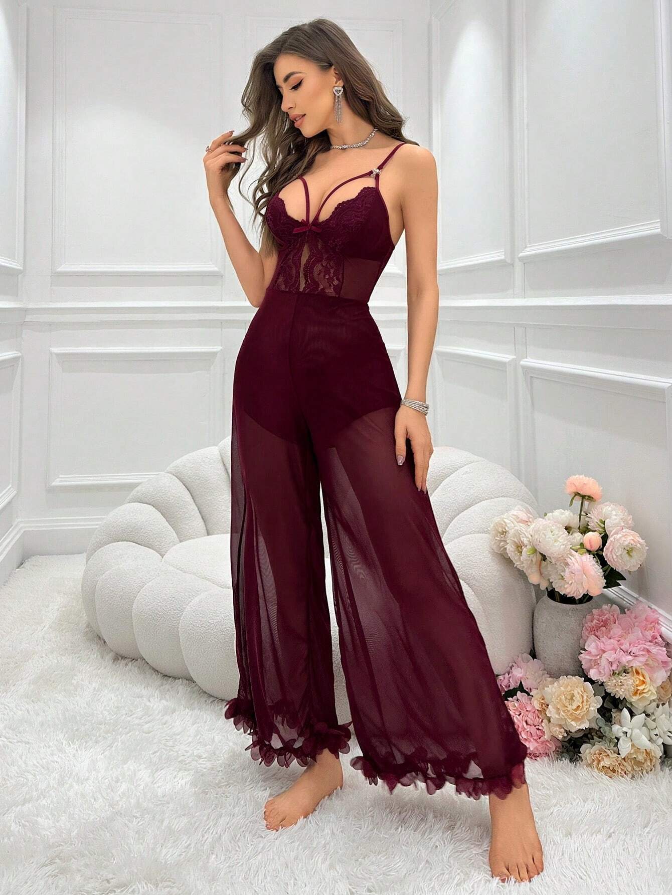 Lace Detailing Hollow Out Mesh Cami Jumpsuit