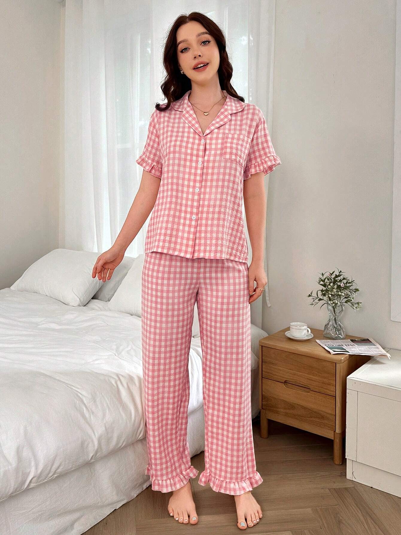 Dream Adore Women's Pink &amp; White Plaid Pajama Set