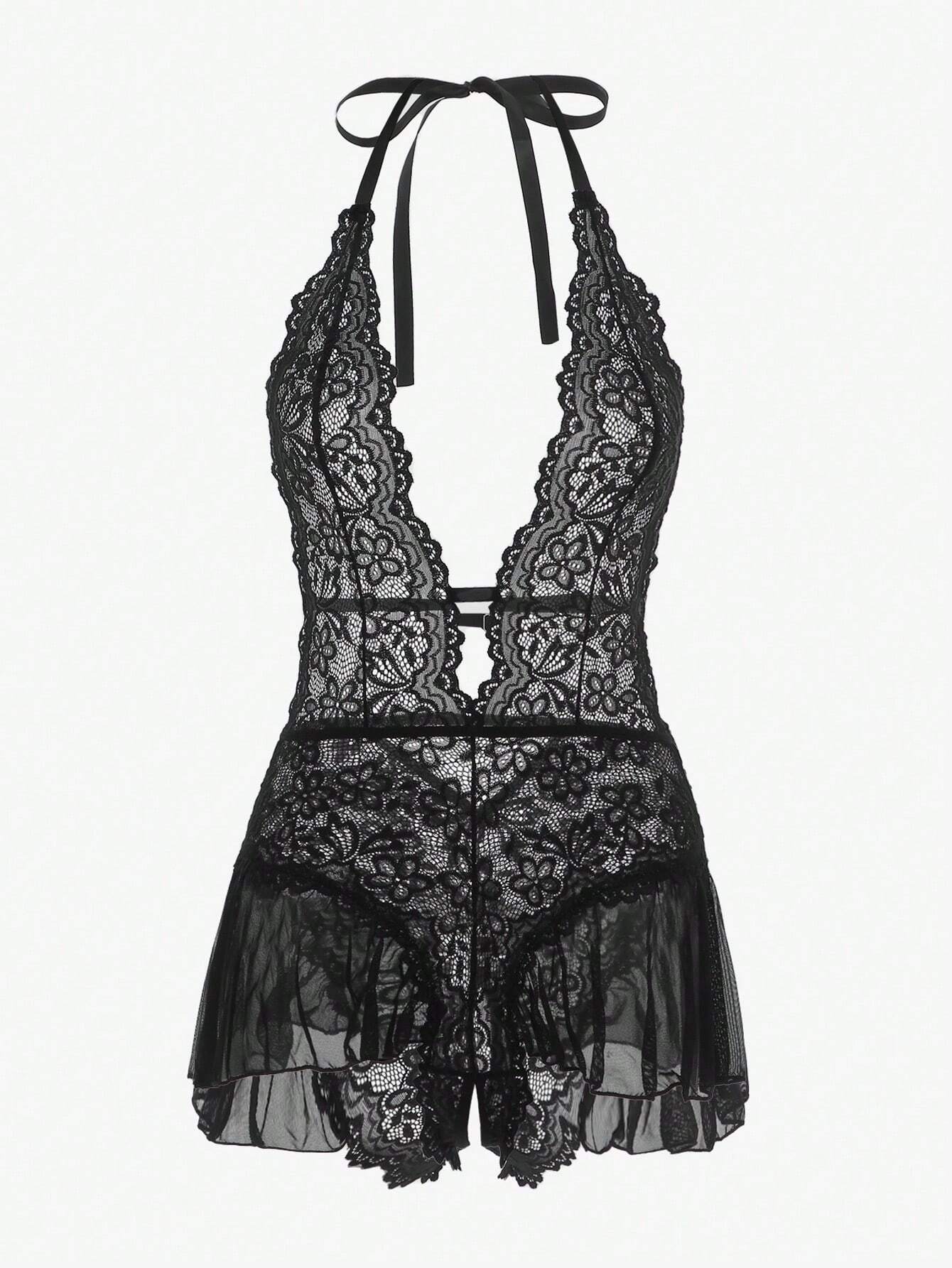 Floral Lace Scallop Trim Halter Teddy Bodysuit