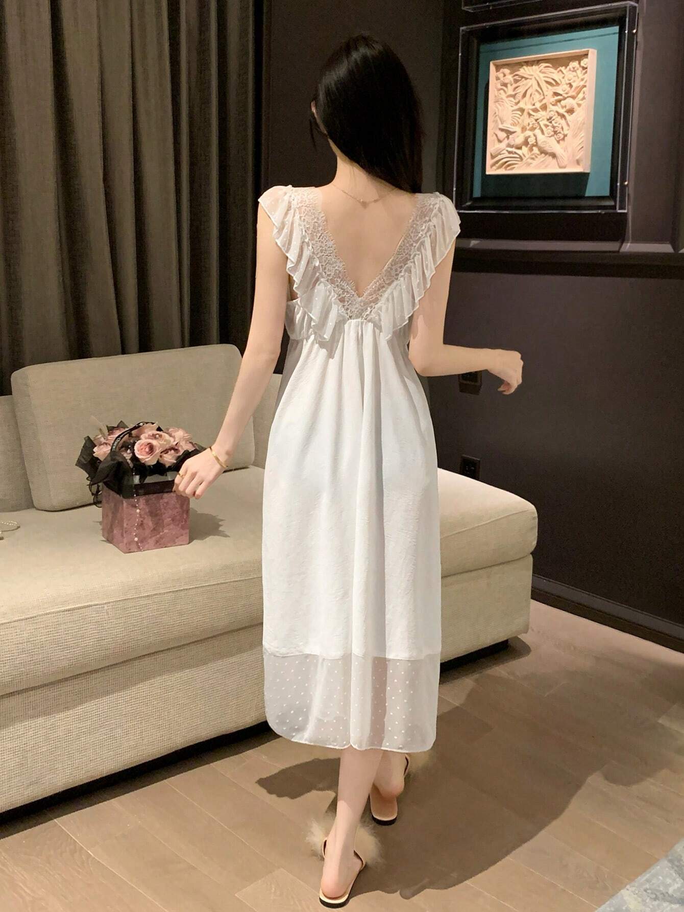 DAZY Women's Romantic Mesh Lace Patchwork Ruffle Backless Nightgown