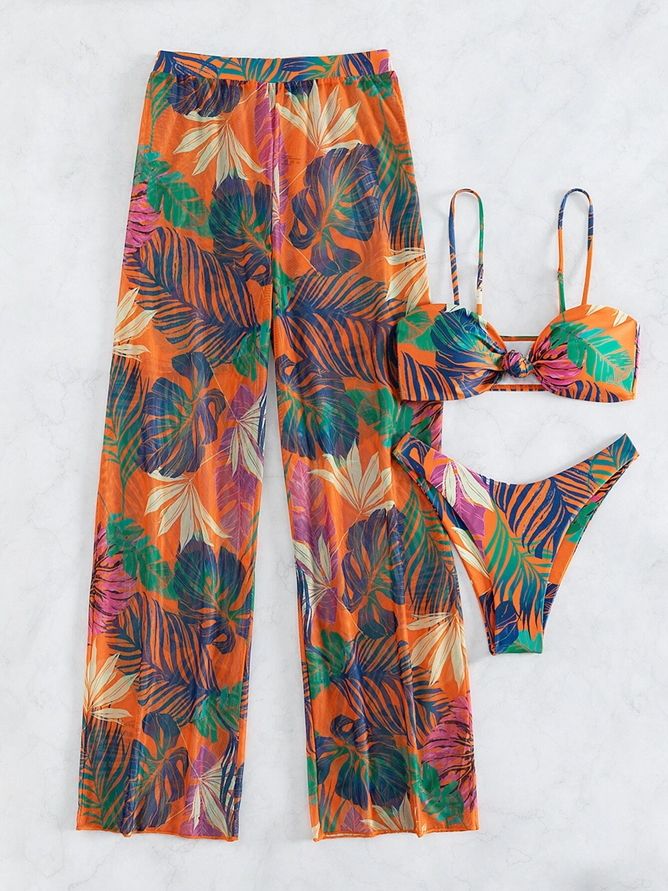 3pcs Tropical Print High Cut Bikini Swimsuit With Cover Up