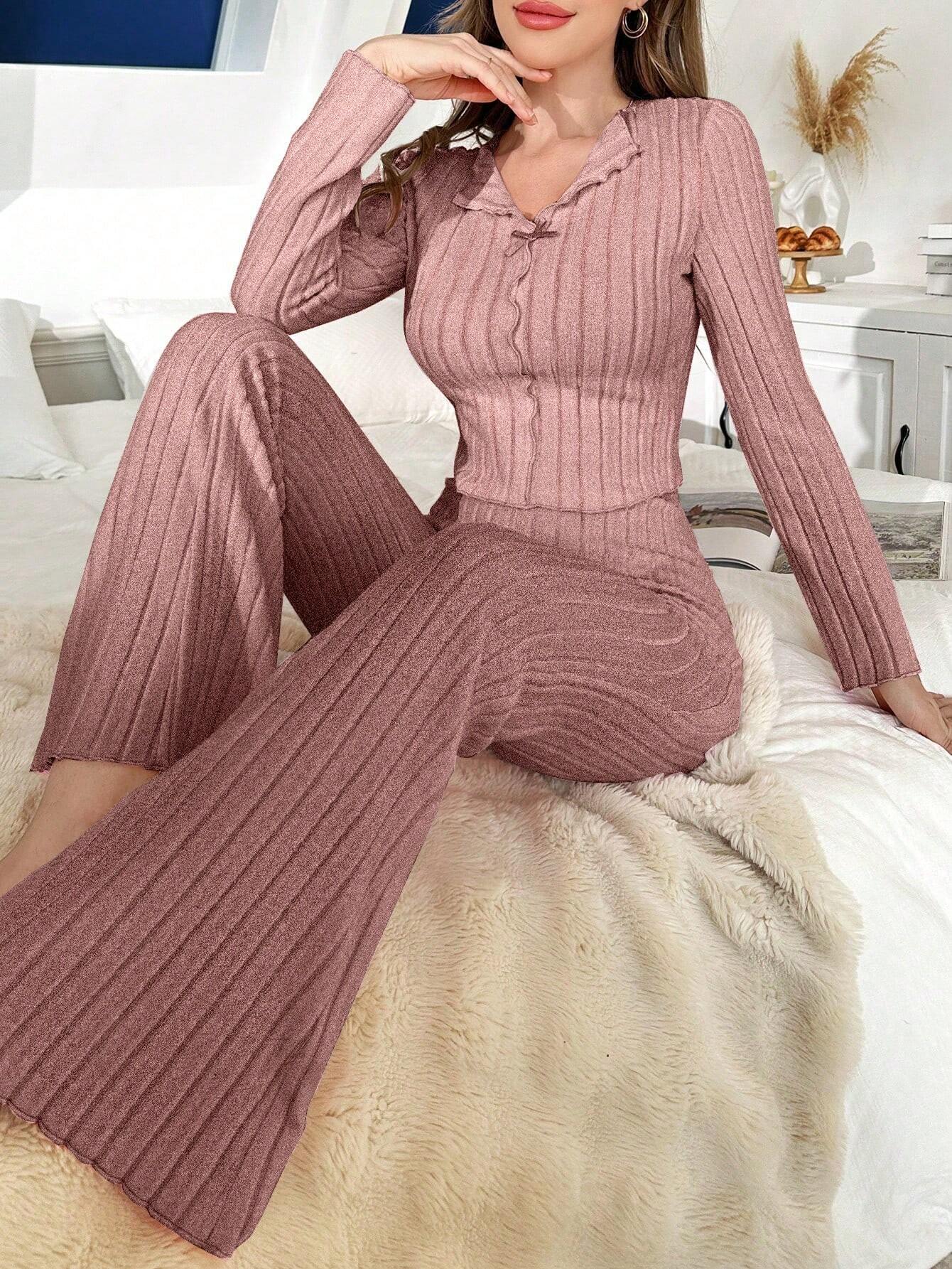 1set Women Solid Color Fleece V-Neck Fitted Long Sleeve Top And Pants Pajama Set Dusty Pink