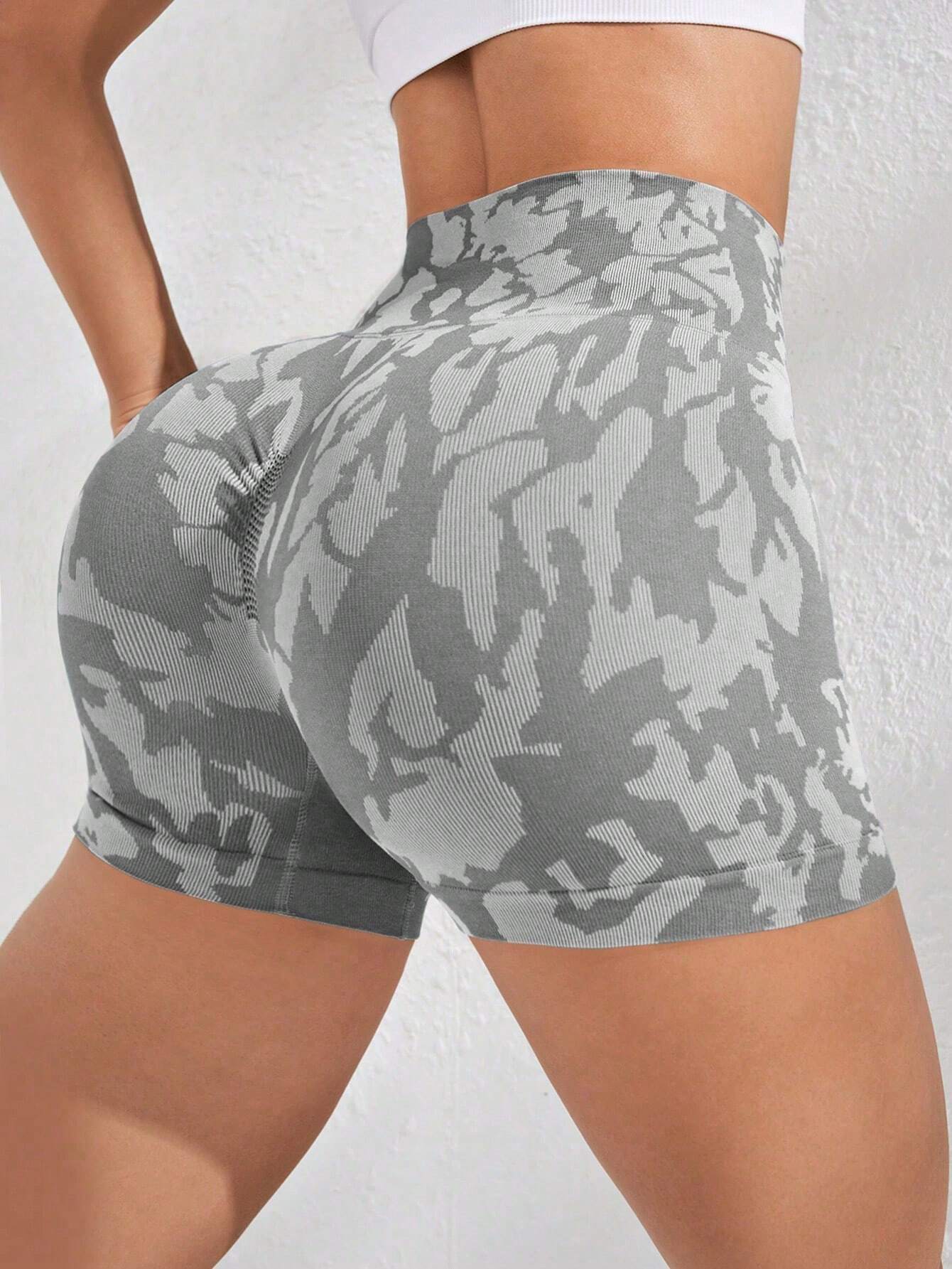 Yoga Trendy Camo Print Wideband Waist Sports Shorts Blue Shorts
