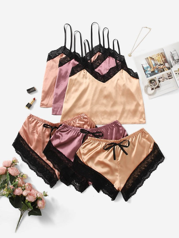 3sets Satin Contrast Lace Lingerie Set Multicolor