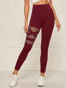 SHEIN Mulvari Wide Waistband Mesh Insert Leggings XS Burgundy
