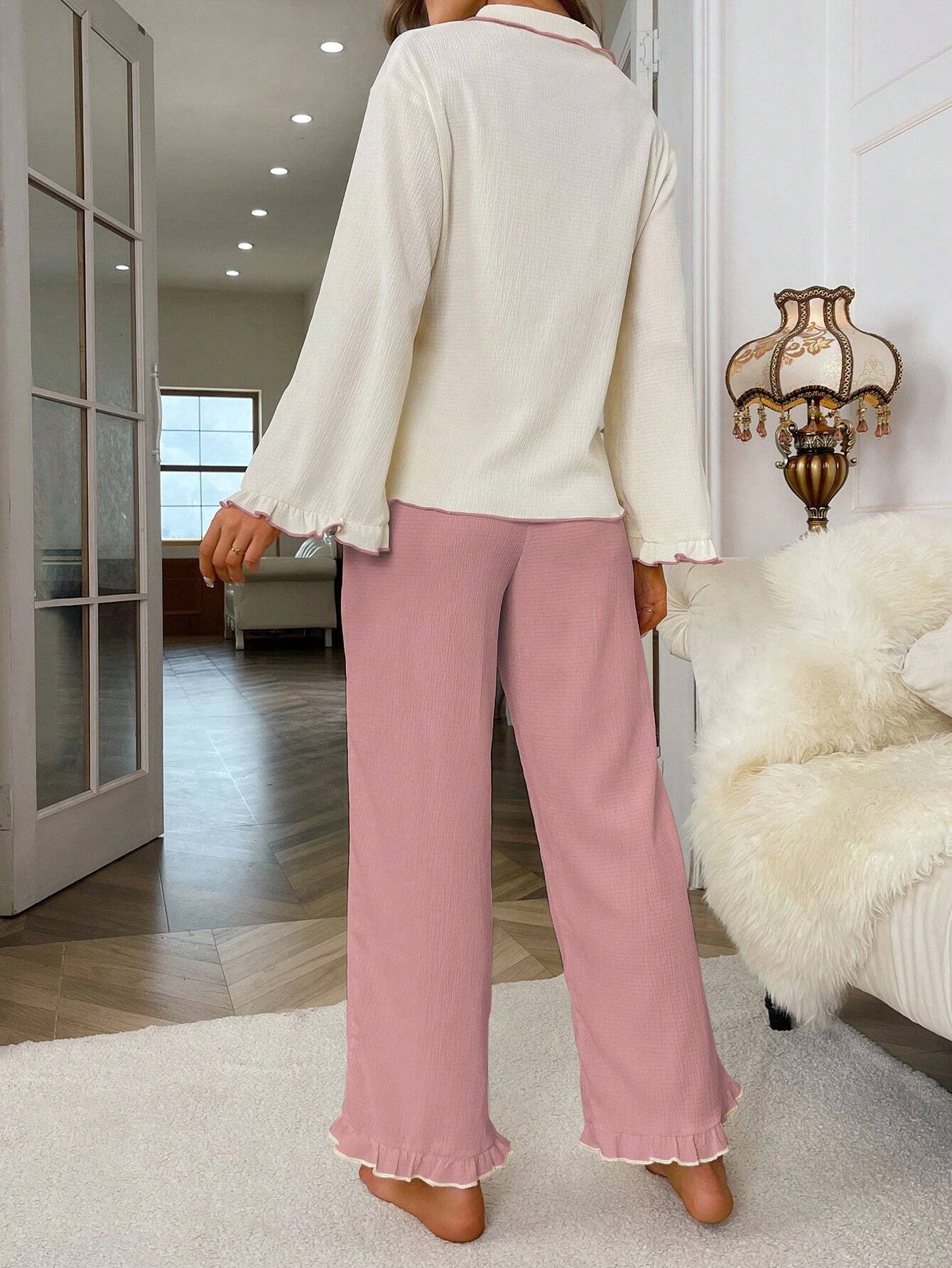 Women Color-Block Trim Bell Sleeve Top And Long Pants Pajama Set
