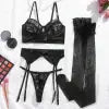 5pcs Set Lingerie, Including Underwire Bra, Thong, Garter Belt, With A Pair Of Stockings