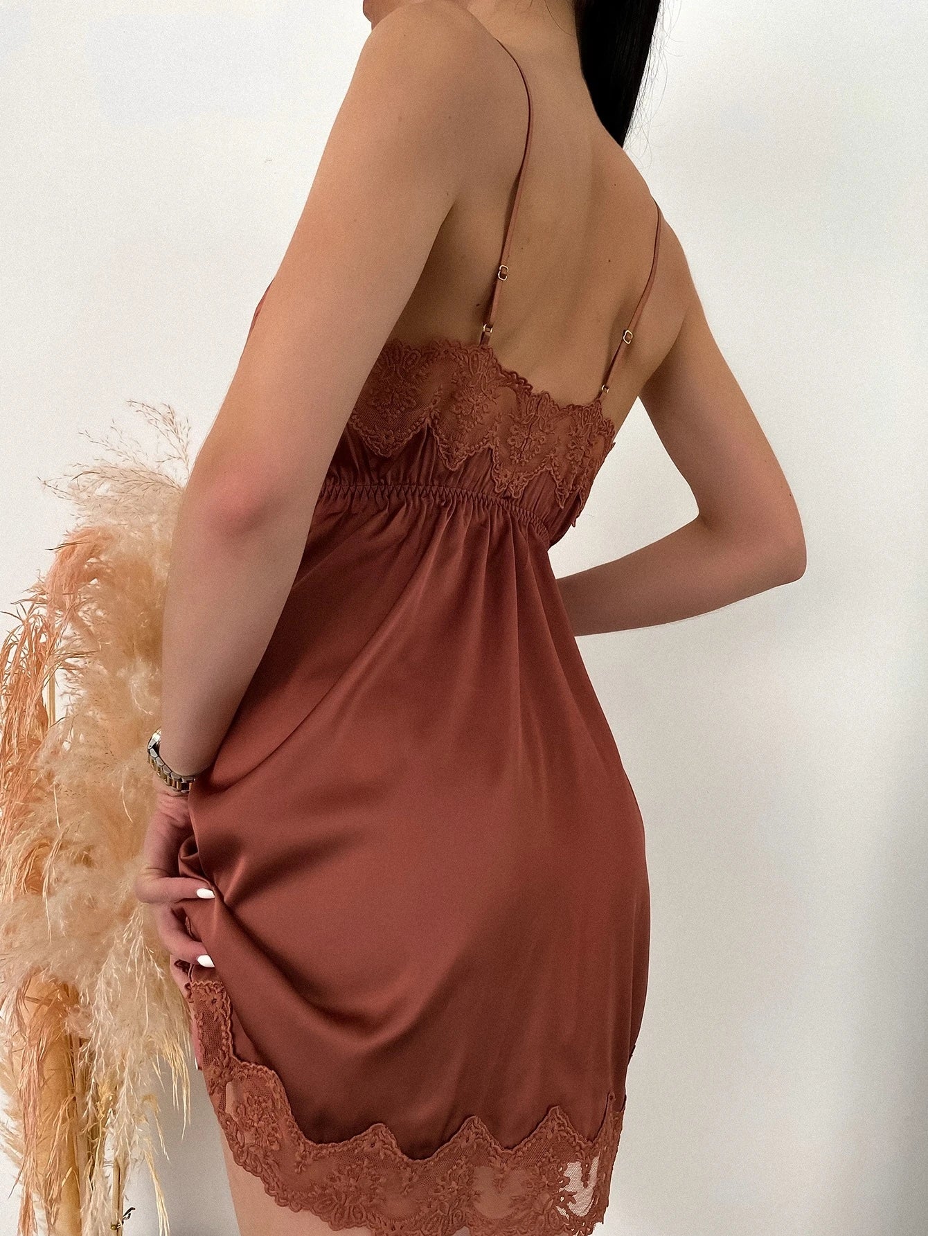 Contrast Lace Satin Slip Pajama Night Dress