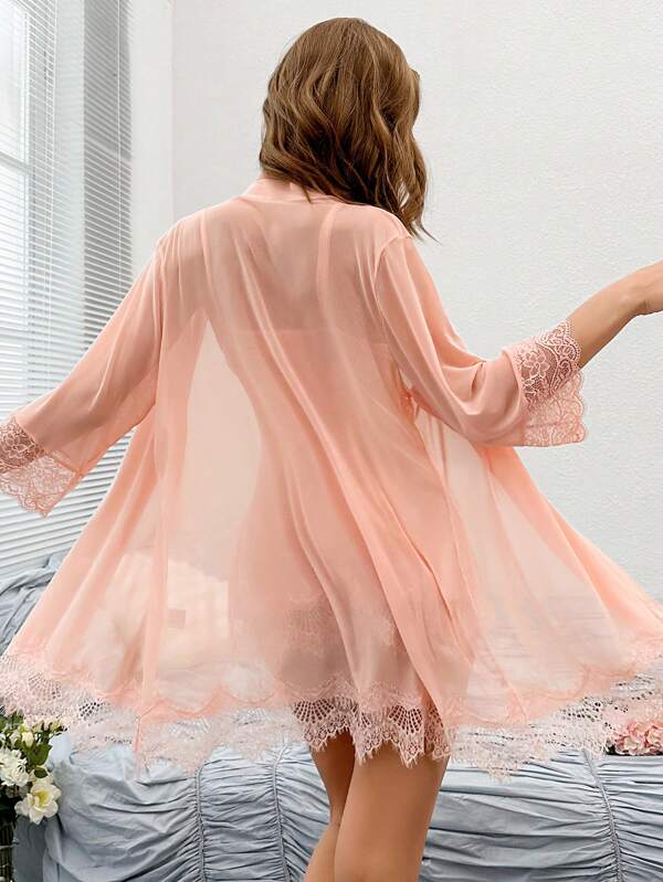 Contrast Lace Mesh Robe &amp; Bow Front Cami Dress PJ Set