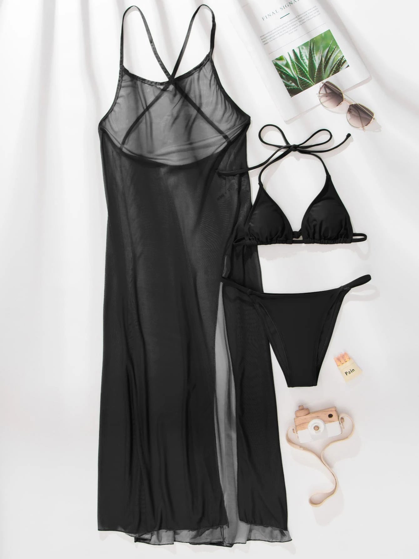 Plain Halter Triangle Bikini Swimsuit With Cover Up