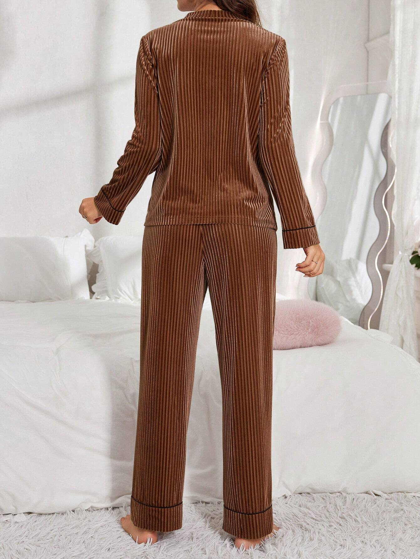 Women Velvet Button-Up Long Sleeve Pajama Set
