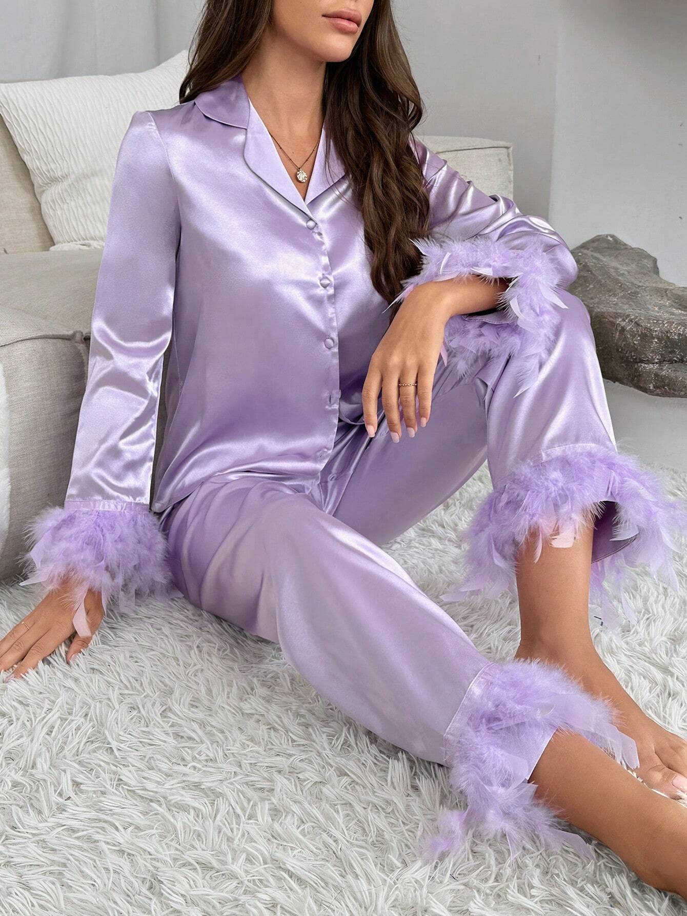 Fuzzy Trim Satin PJ Set / Pajama Set