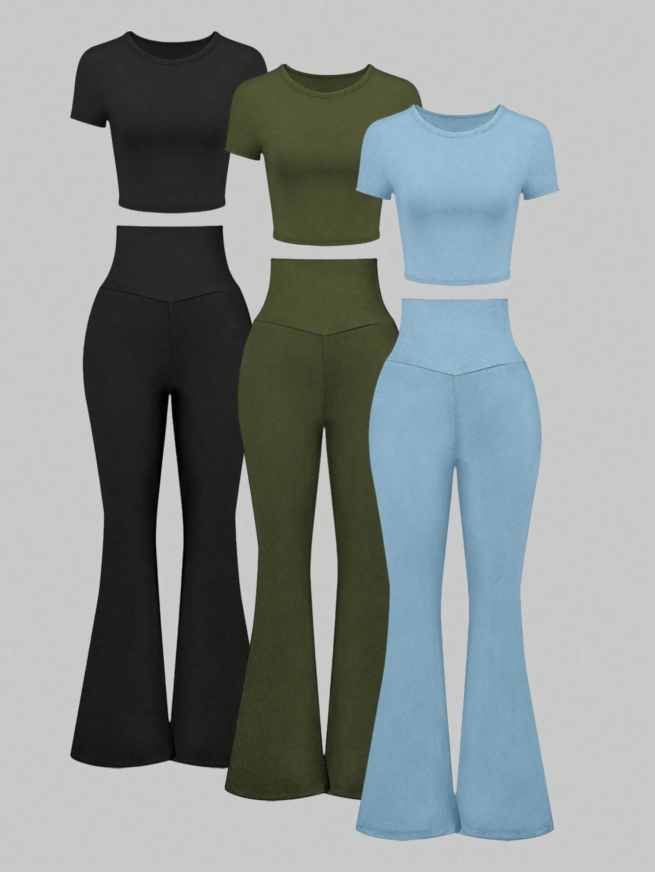 EZwear 3pcs/Set Round Neck Short Sleeve T-Shirt And High Waist Bell-Bottom Pants Casual Suit Multicolor 4