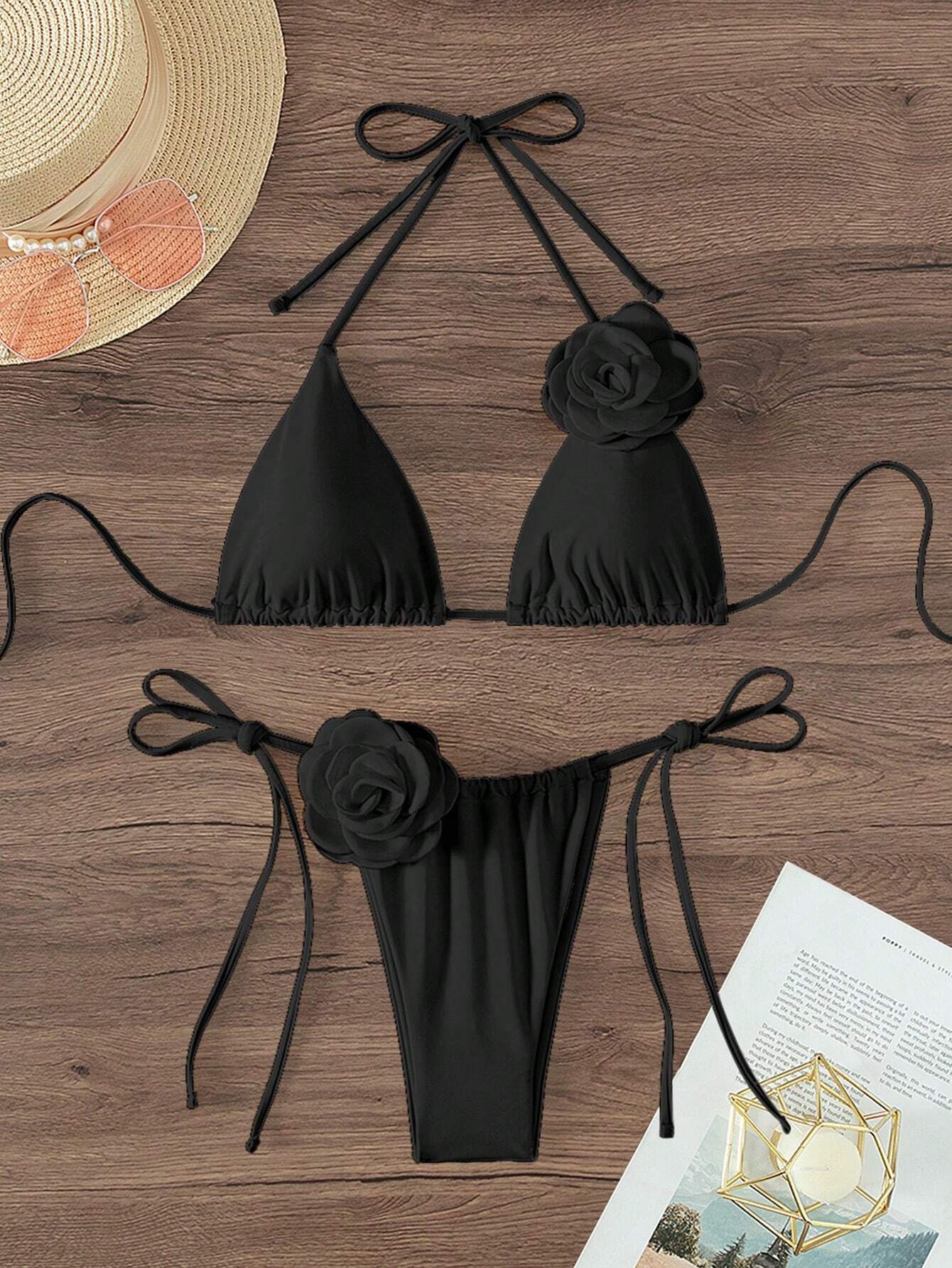 Swim Vcay Appliques Halter Triangle Tie Side Bikini Swimsuit Black