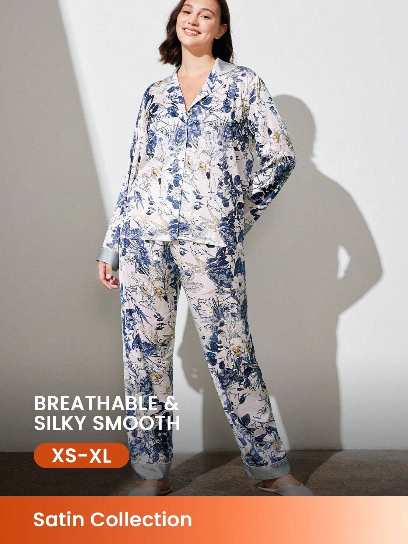 LUVLETTE Satin Floral Long-Sleeve Button-Up &amp; Pants Pajama Set