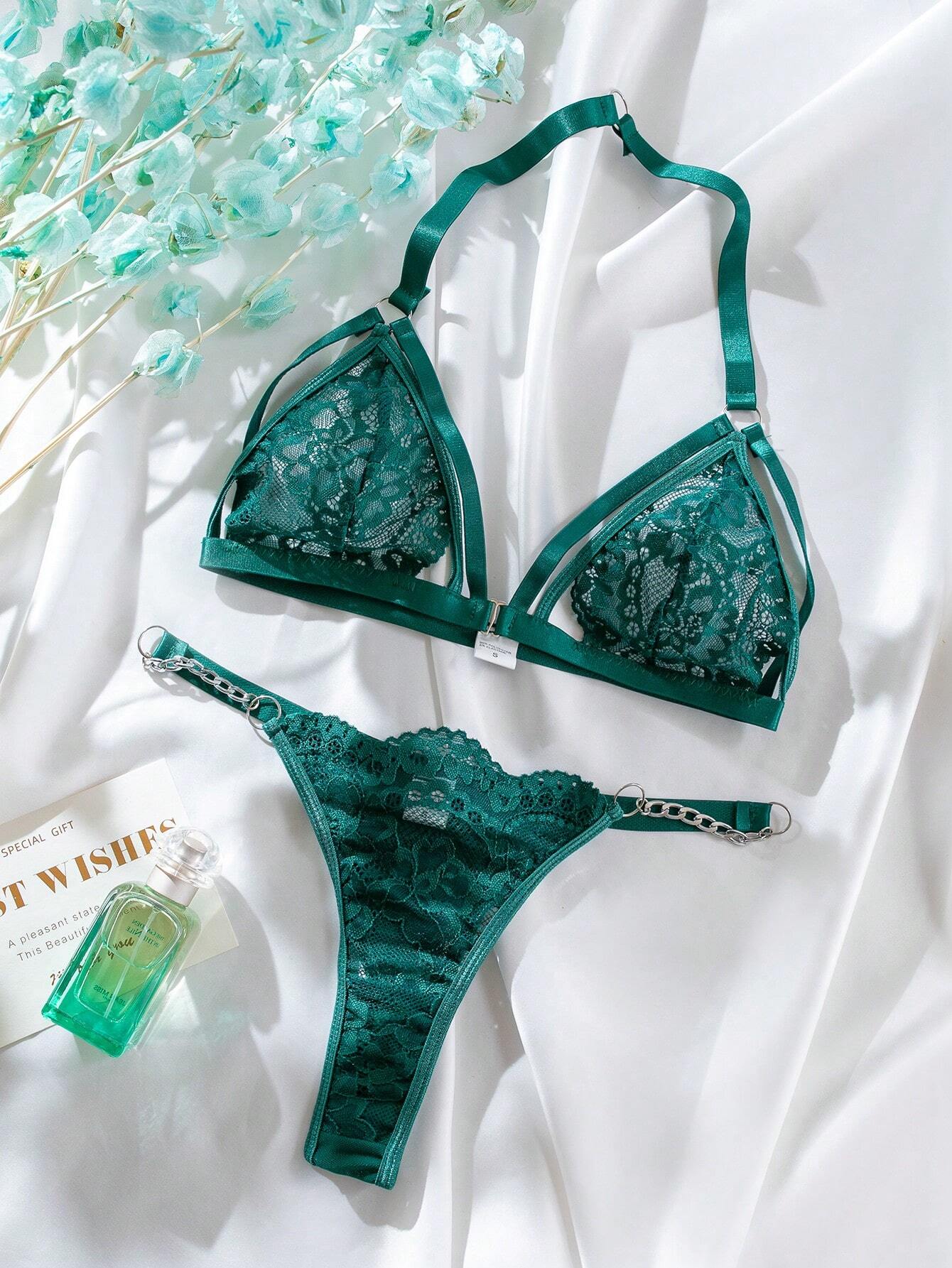 Classic Sexy Floral Lace Harness Lingerie Set Dark Green