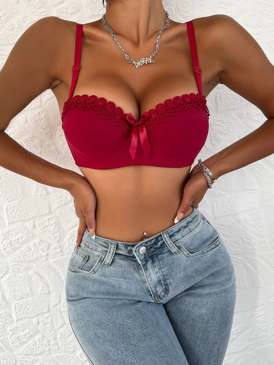 Contrast Lace Underwire Bra Maroon