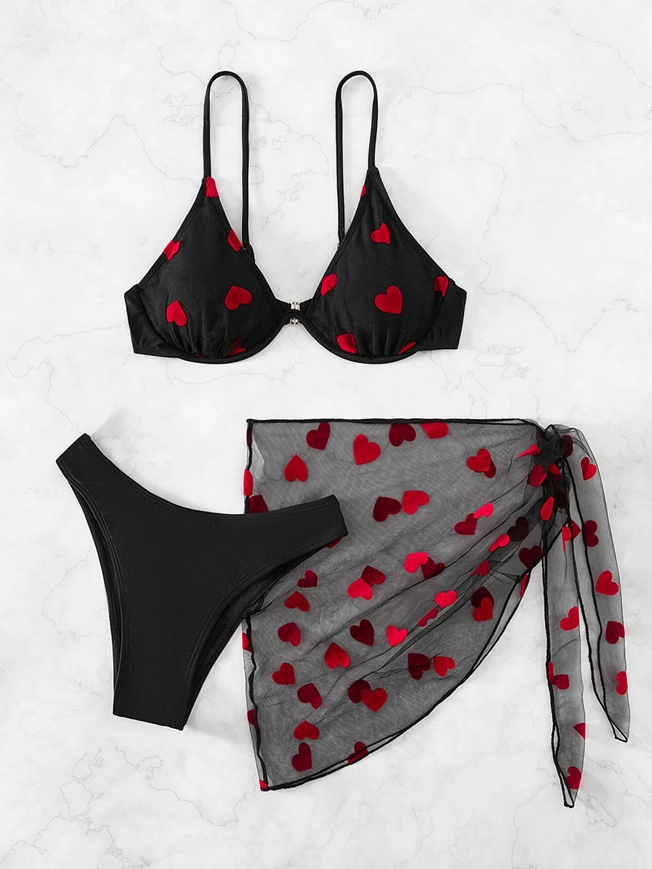 Swim Summer Beach Heart Print Underwire Bikini Set With Beach Skirt