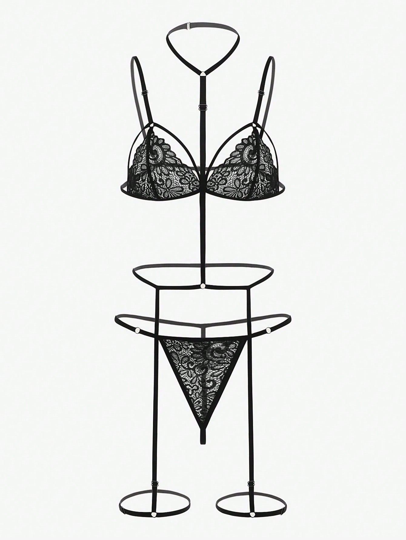 Floral Lace Harness Garter Lingerie Set Black