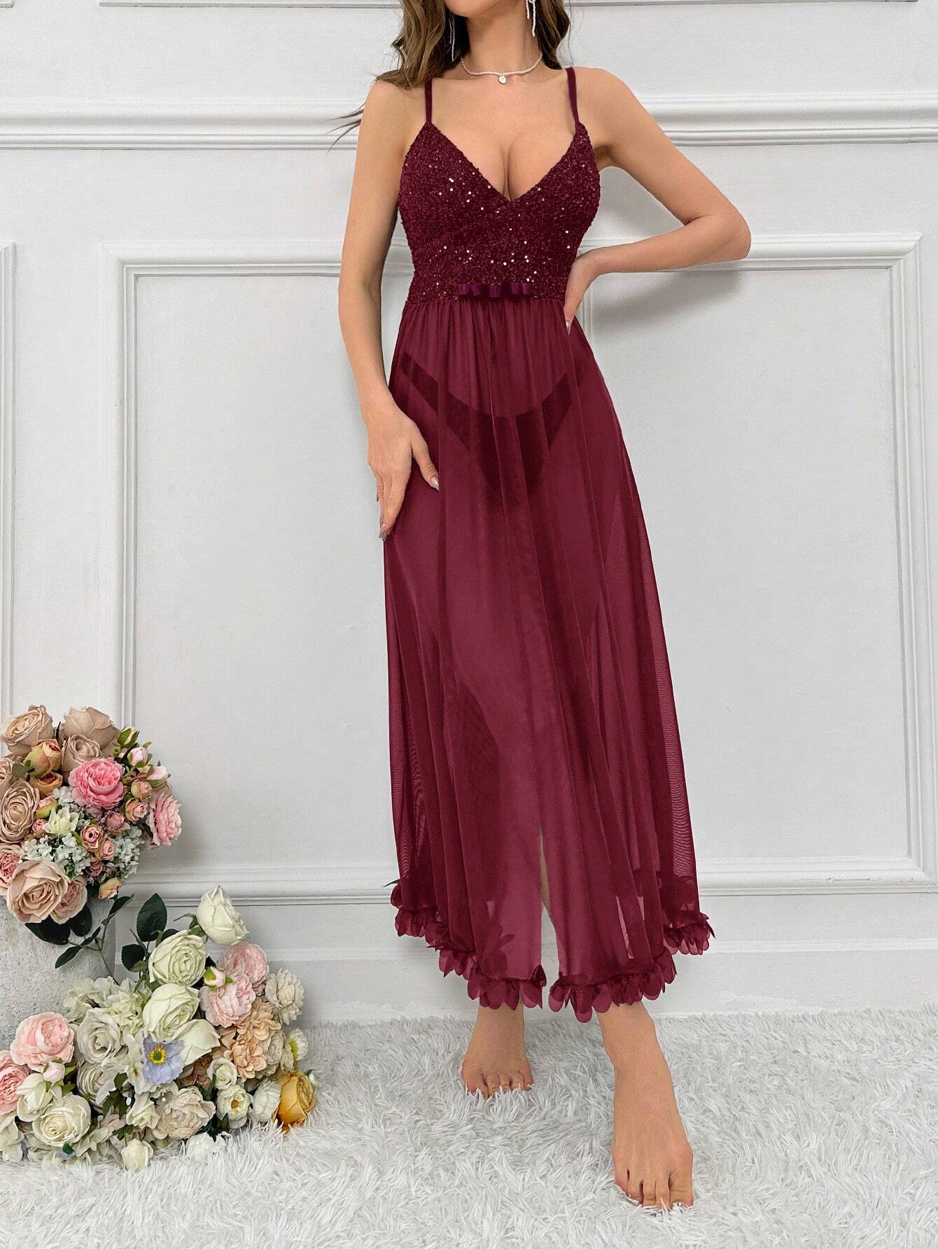 Sequin Patchwork See-Through Mesh Cami Lingerie Pajama Dress