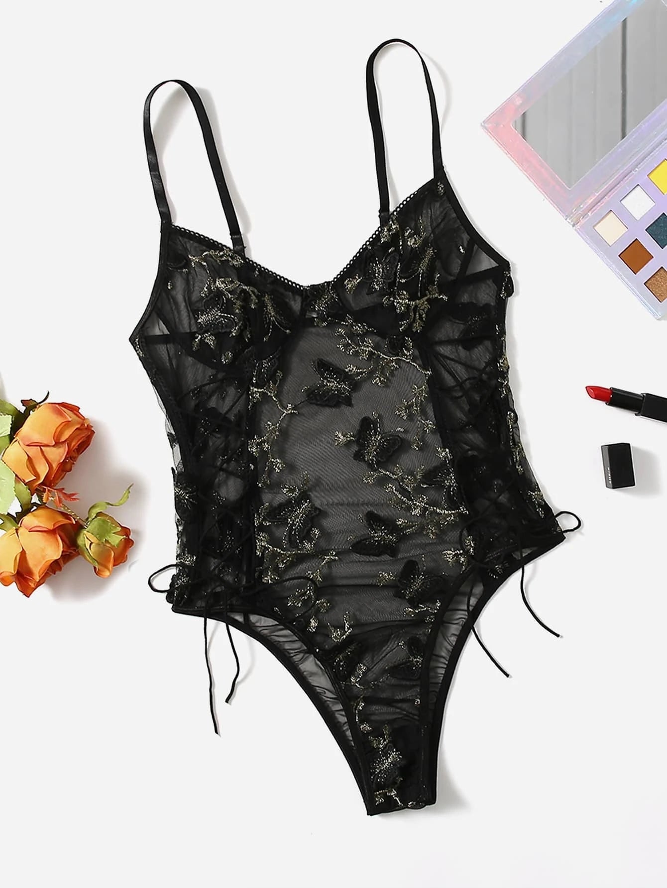 Butterfly Embroidered Mesh Teddy Bodysuit