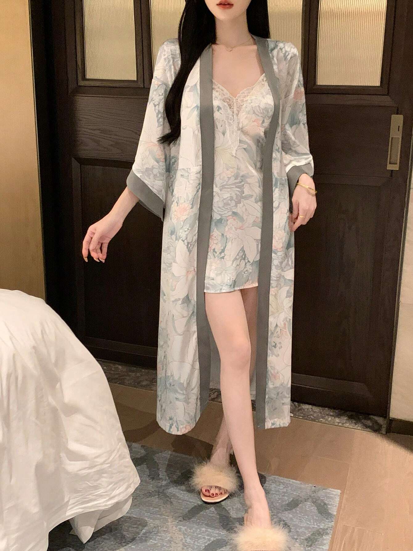 DAZY Floral Printed Patchwork Lace Pajama Set