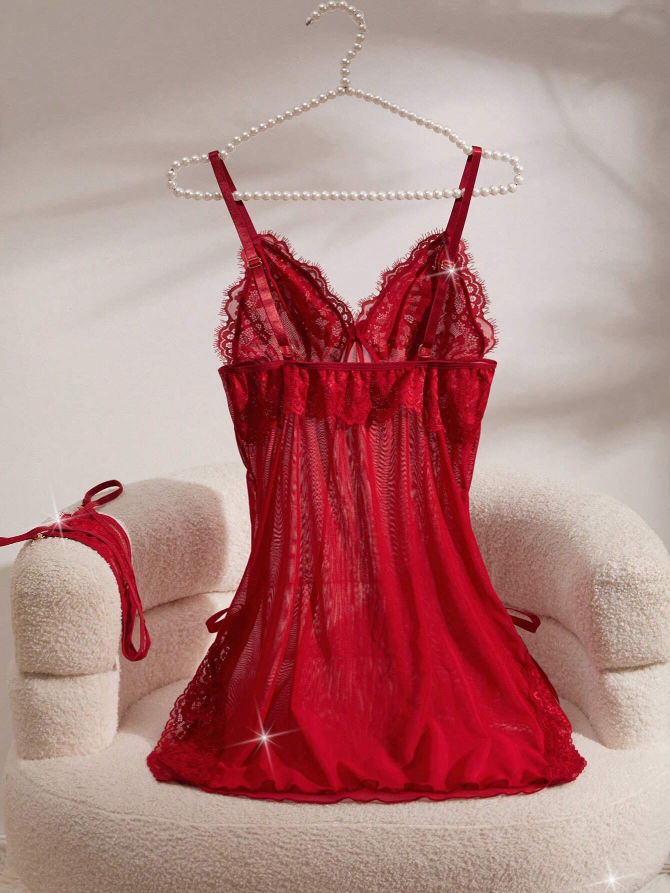 2pcs/Set Women's Sexy Lace Contrast Mesh Wireless Lingerie Nightdress &amp; Thong