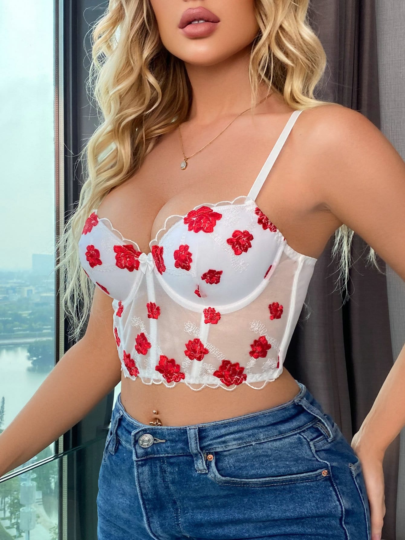 Floral Embroidery Mesh Scallop Trim Underwire Bra