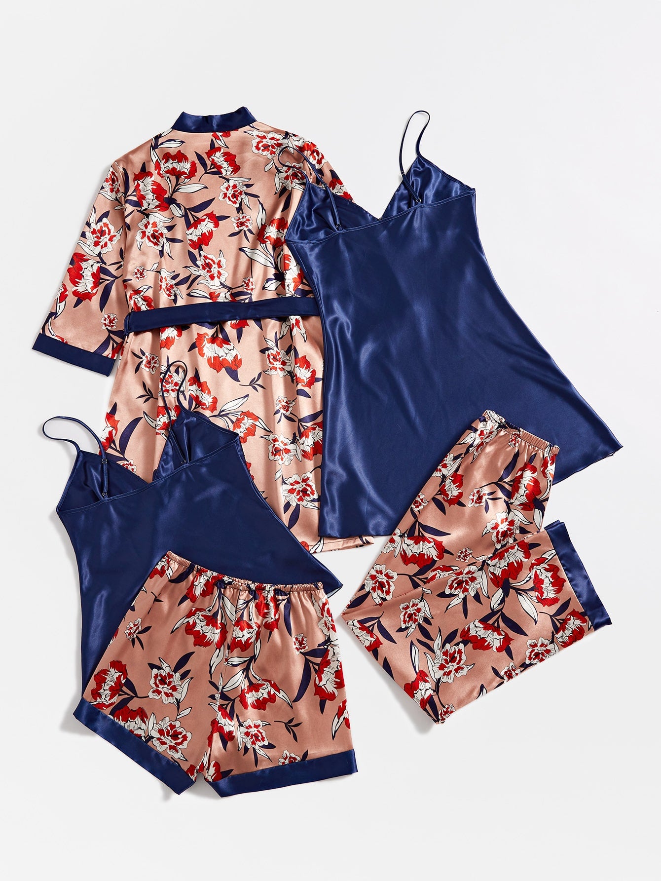 5pcs Floral Print Belted Satin Robe &amp; Cami Top &amp; Night Dress &amp; Pants &amp; Shorts