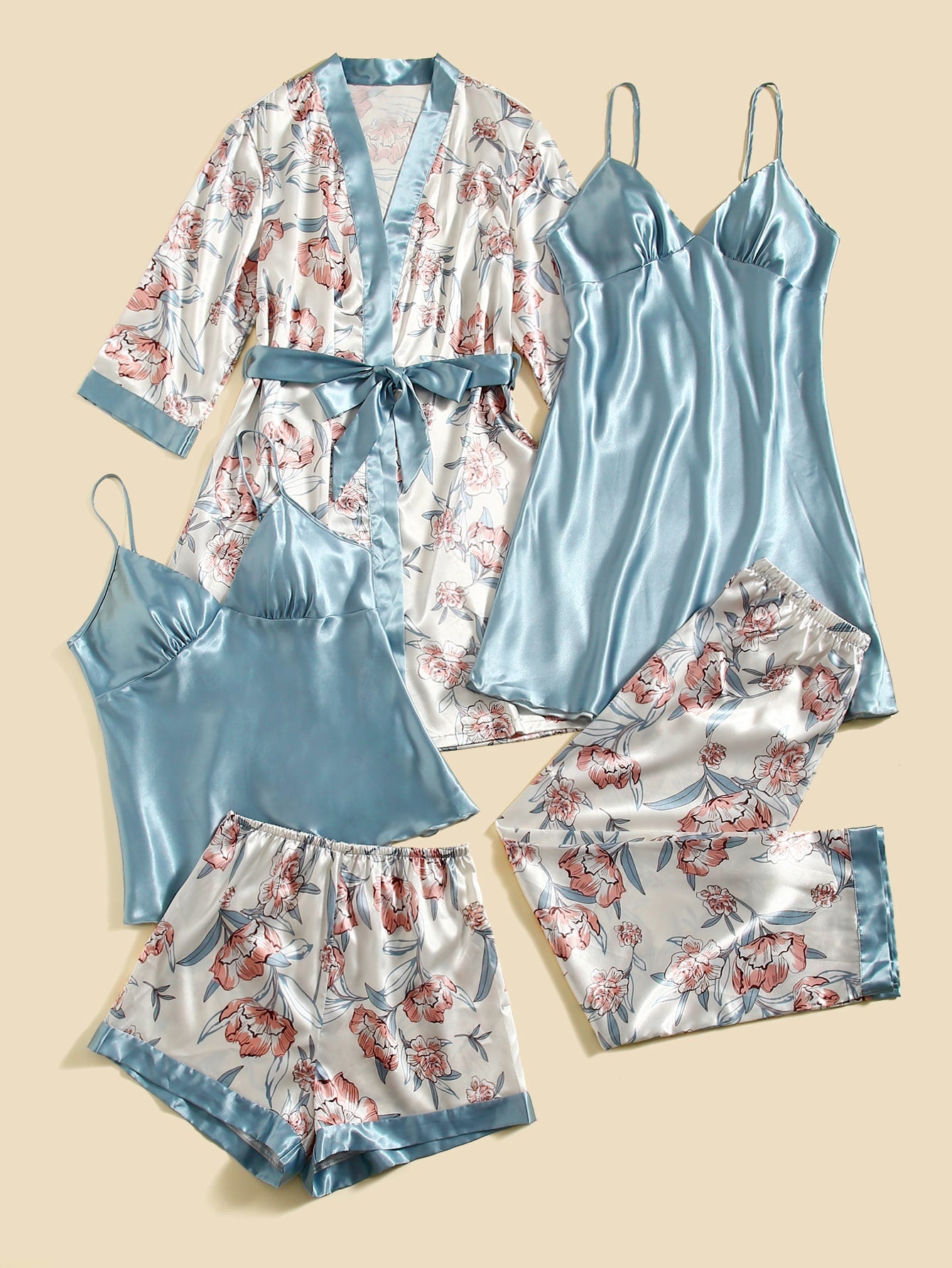 5pcs Floral Print Belted Satin Robe &amp; Cami Top &amp; Night Dress &amp; Pants &amp; Shorts