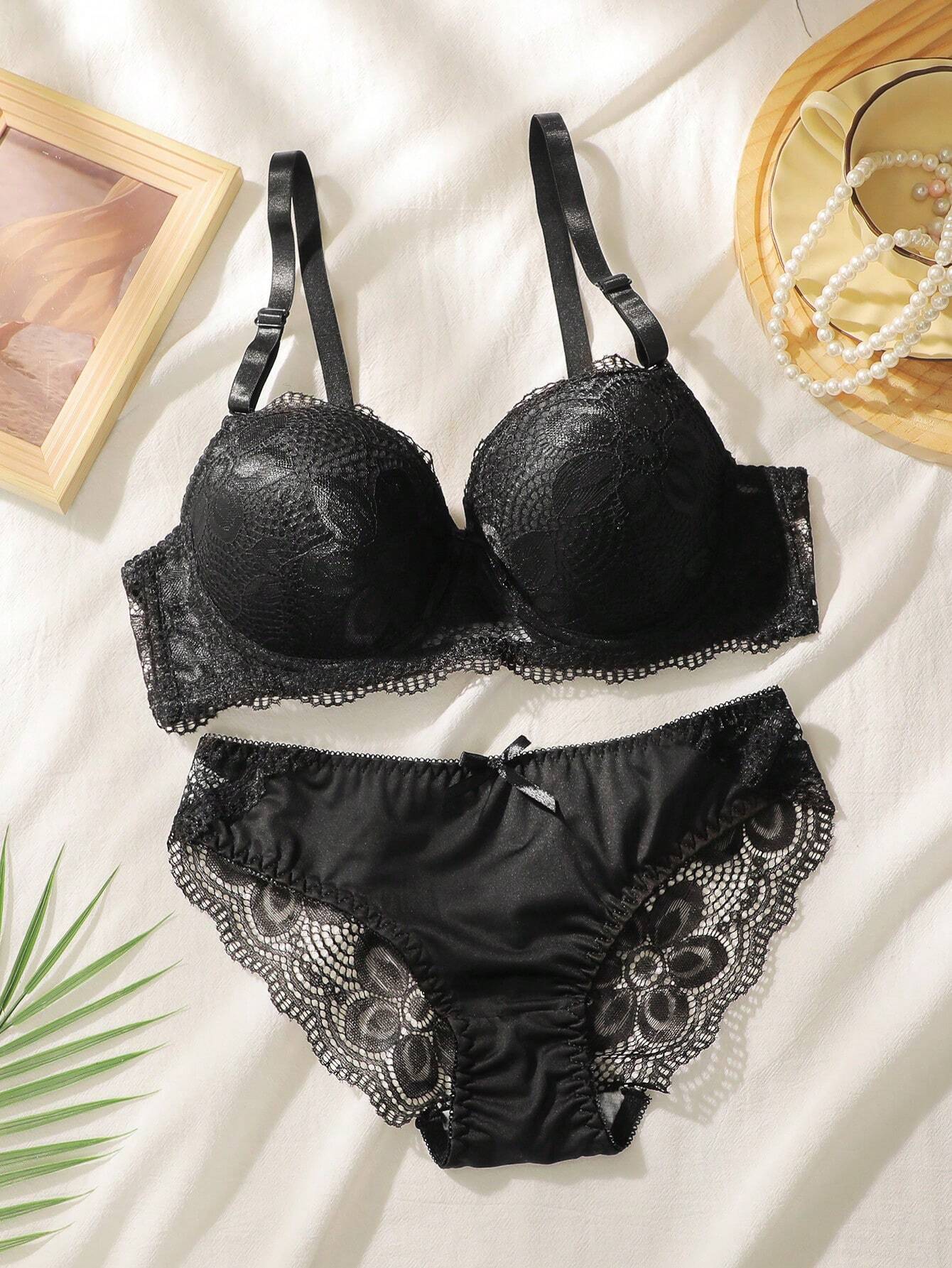 2pcs Women Lingerie Set (With Underwire, Triangle Panty) Black