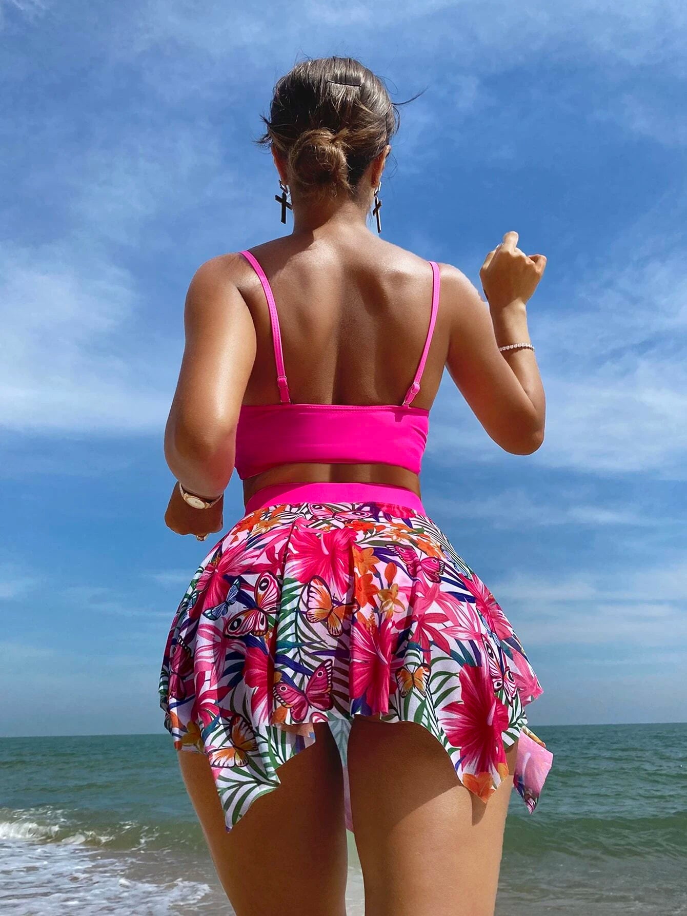 Swim Tropical Print Bikini Set Push Up Bra Top &amp; Bikini Bottom &amp; Beach Skirt 3 Pieces Bikini