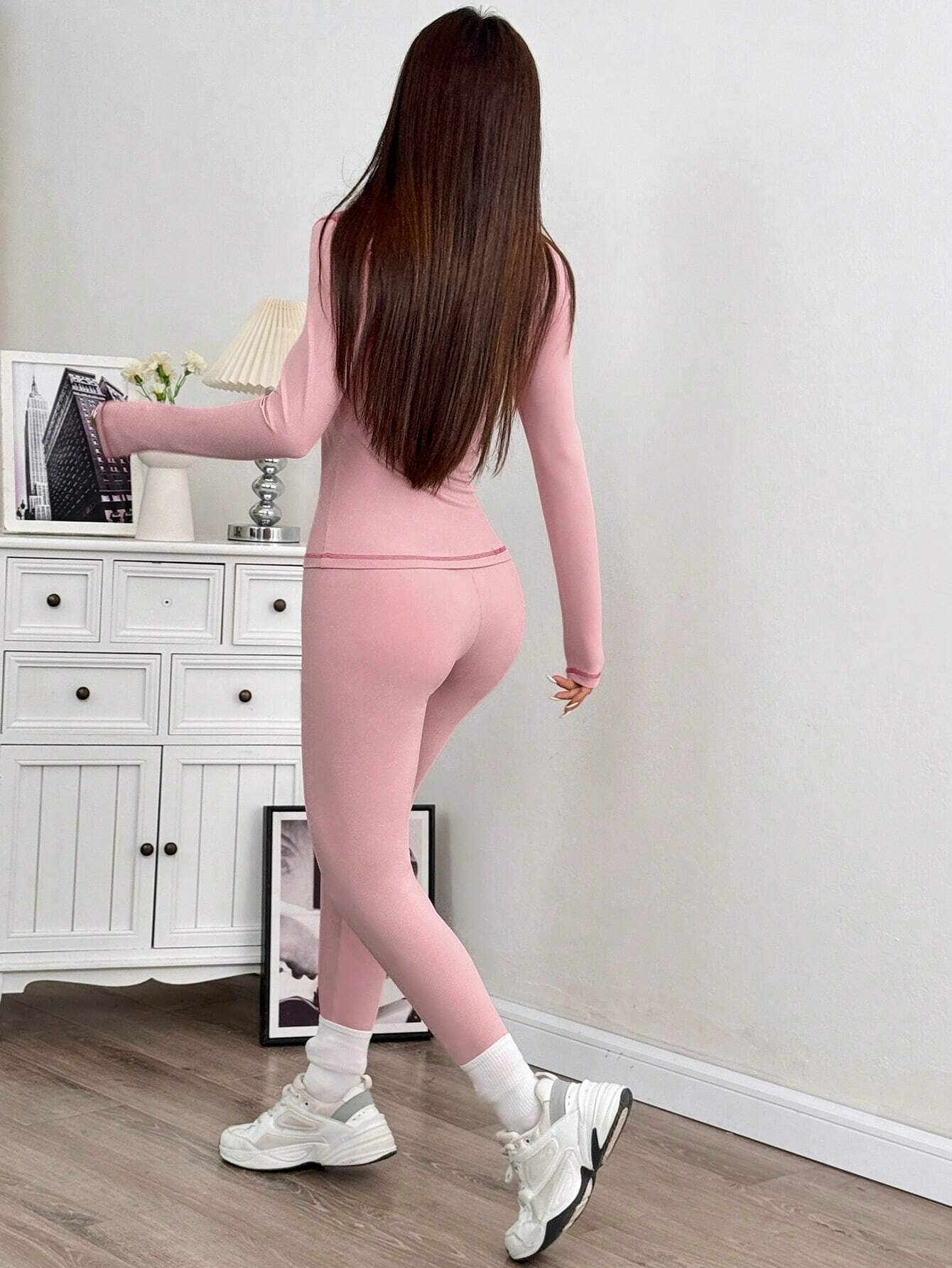 Women's Yoga Sports Contrast Stitch Stand Collar Slim Fit Jacket And Leggings