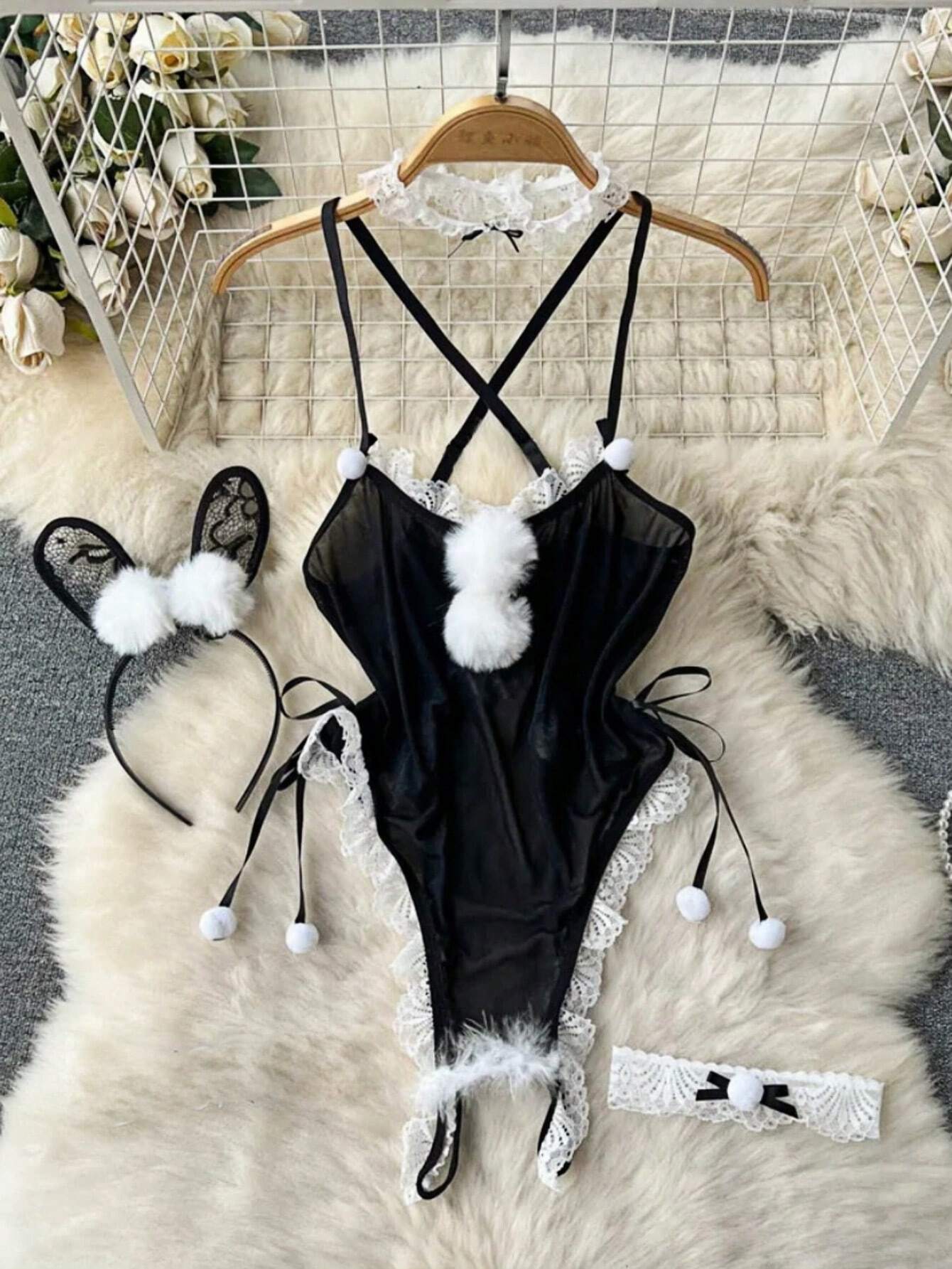 4pcs Sexy Bunny Girl Lingerie Set - Mesh Sheer Temptation Open Crotch Kawaii Cosplay Costume